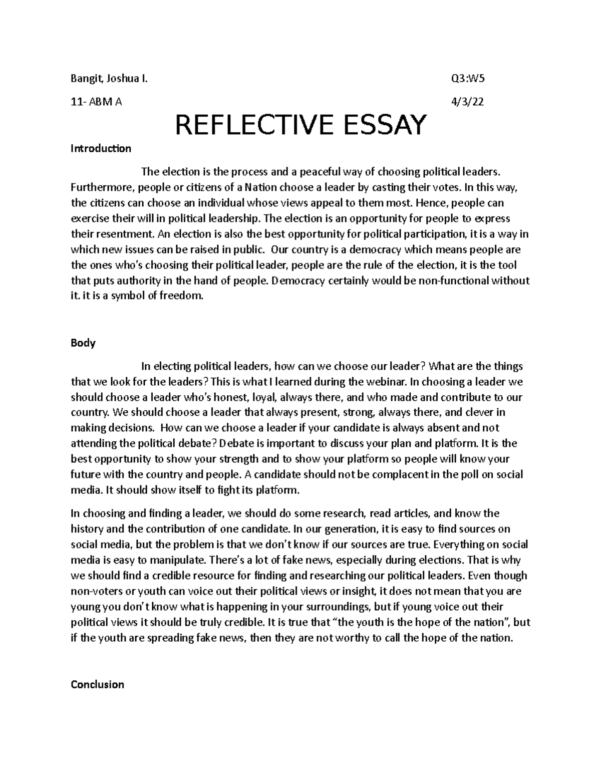 Reflective essay - It will help you - Bangit, Joshua I. Q3:W 11- ABM A ...