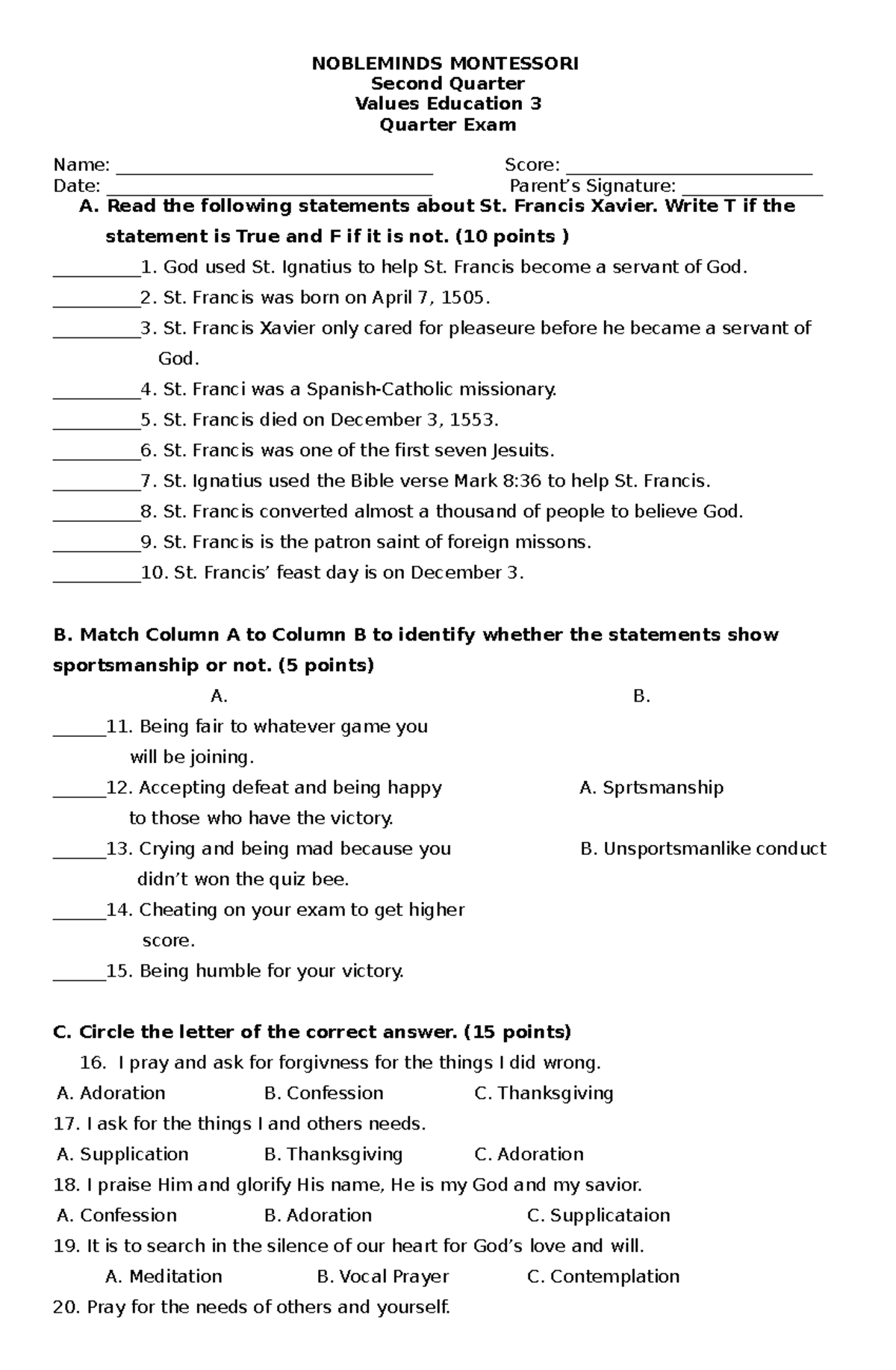 Quarter Exam NVM - NOBLEMINDS MONTESSORI Second Quarter Values ...