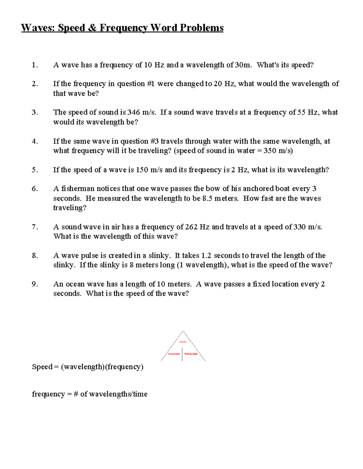 Waves-Speed Frequency Word Problems 1 - Waves: Speed & Frequency Word ...