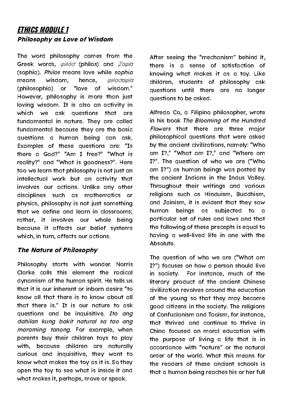 Ethics- Midterm- Reviewer - ETHICS MODULE 1 Philosophy as Love of ...
