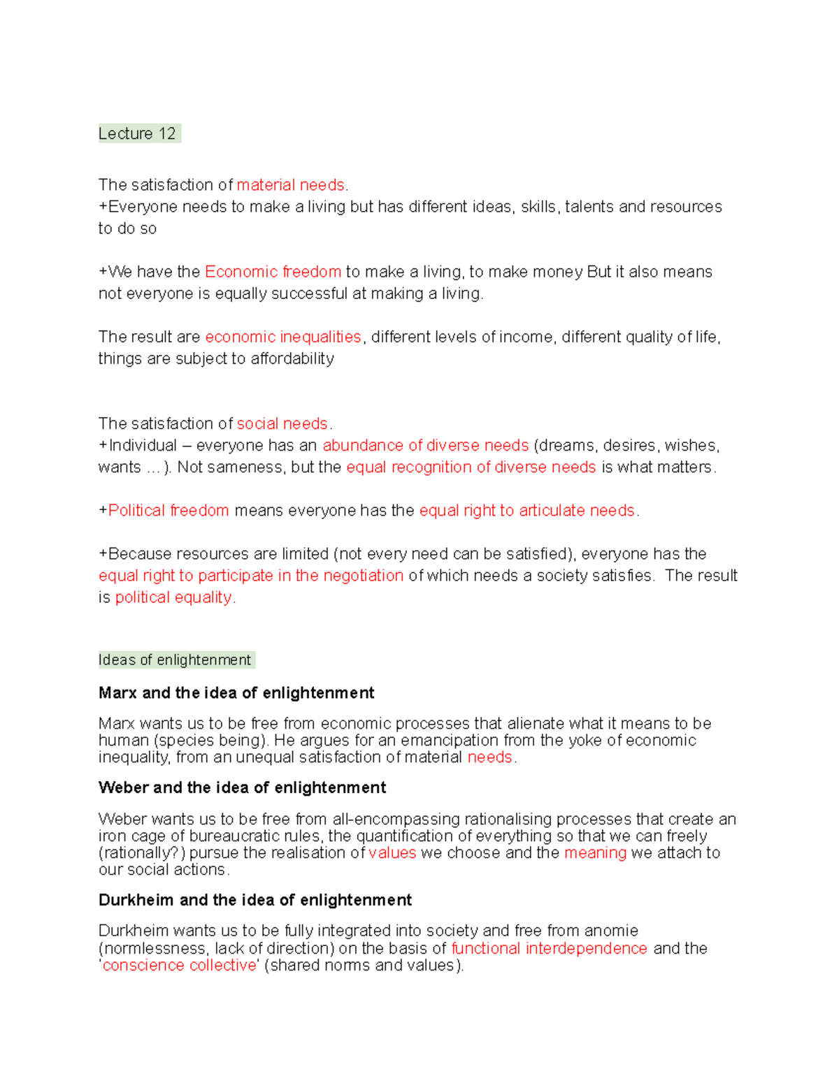 Lecture 12 sociology - Lecture 12 The satisfaction of material needs ...
