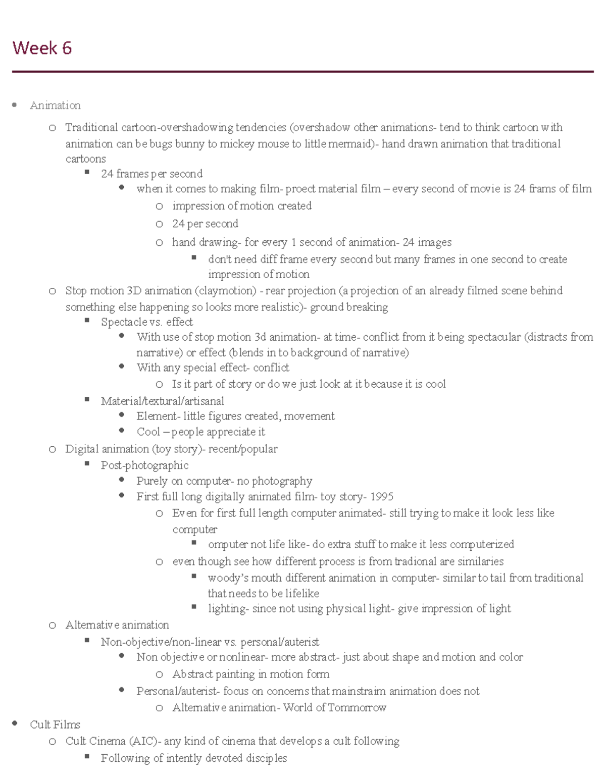 Week 6 - Lecture notes 6 - Week 6 Animation o Traditional cartoon ...