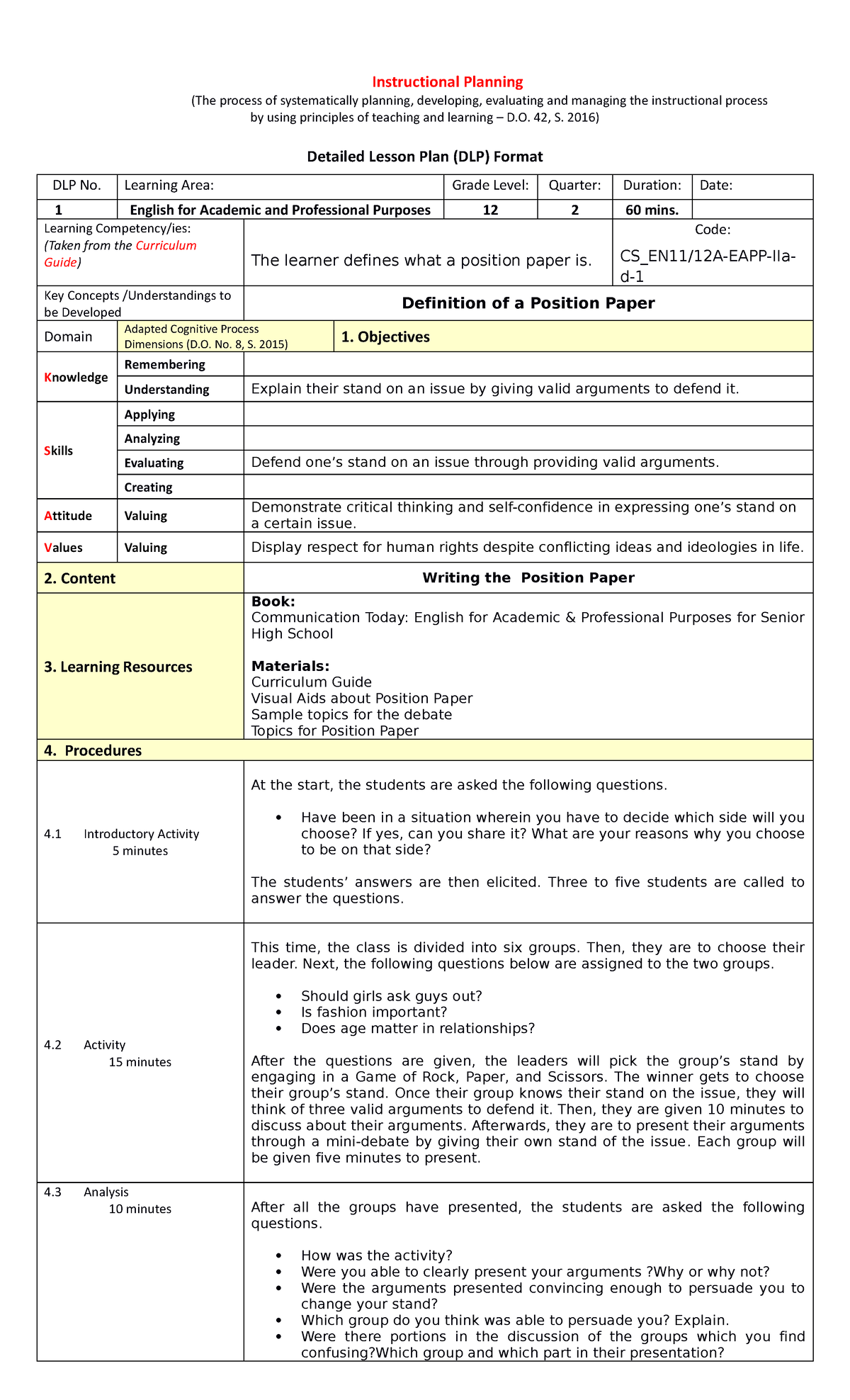 Position Paper 1 2 - Instructional Planning (The process of ...