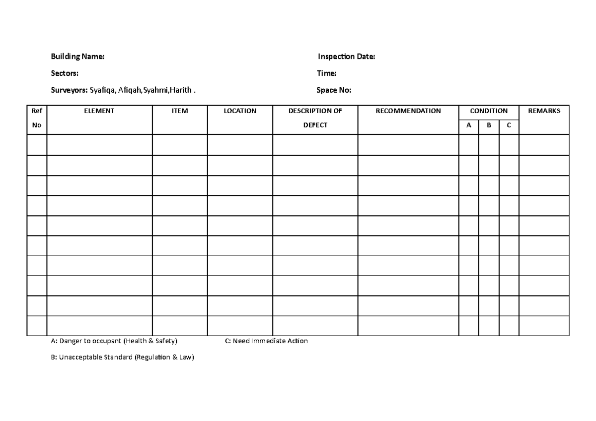 Checklist - pratical - building surveying - Building Name: Inspection ...