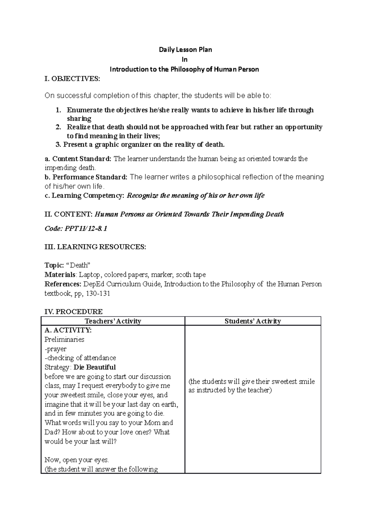 Death DLL - notes - Daily Lesson Plan In Introduction to the Philosophy ...