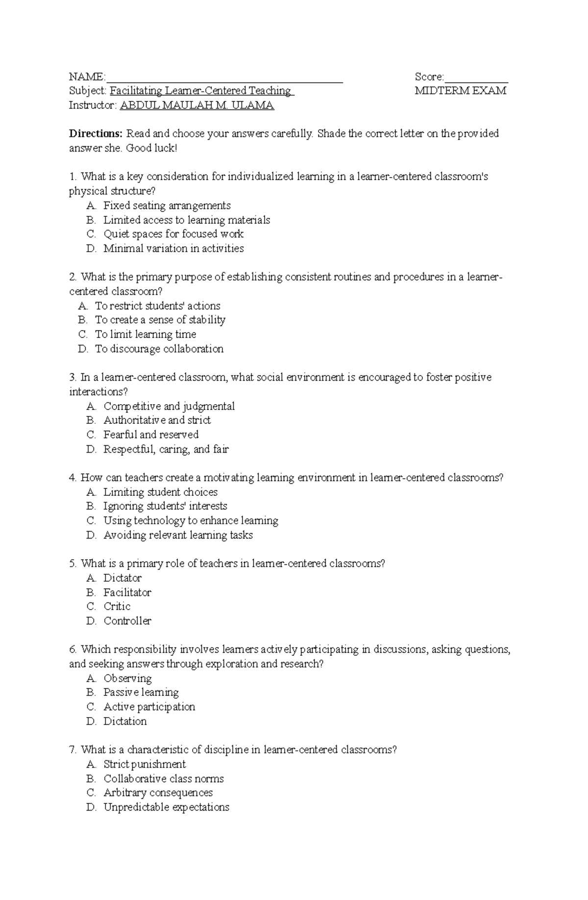 FLCT Midterm Qs by Maula - NAME ...