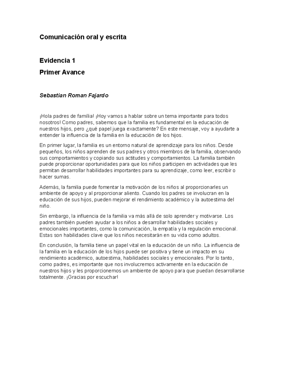 Comunicacion Primer Avance Evidencia - Comunicación oral y escrita ...