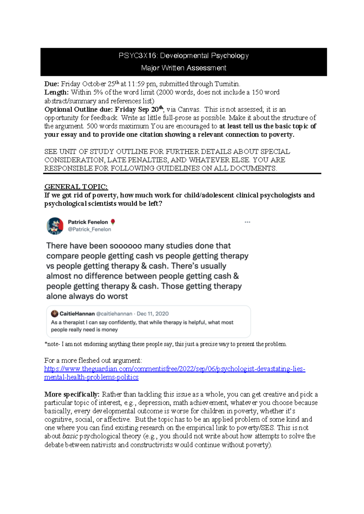 3X16 2024 Essay Assignment-1 - PSYC3X1 6 : Developmental Psychology ...