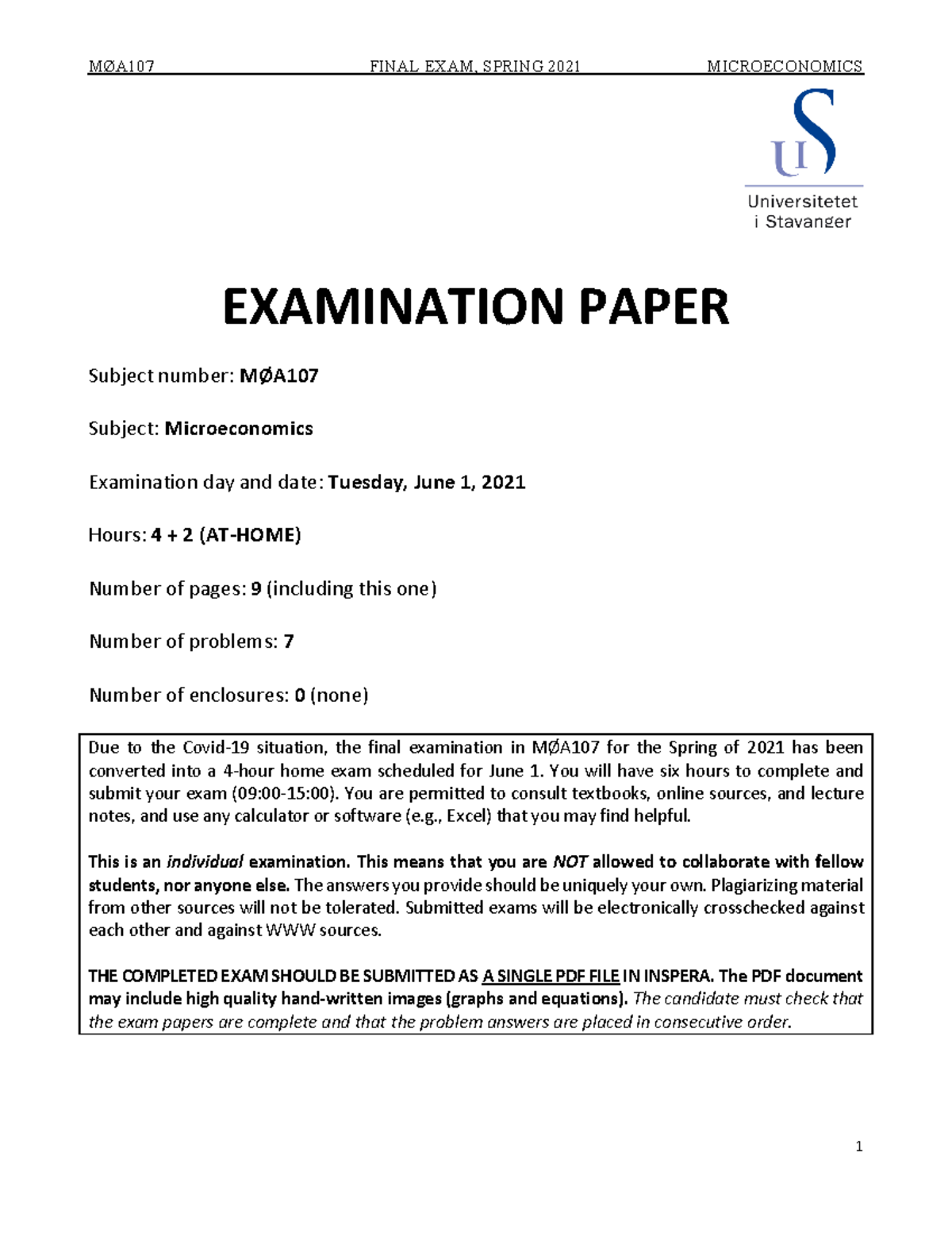 2021 Exam Examen EXAMINATION PAPER Subject number MØA Subject