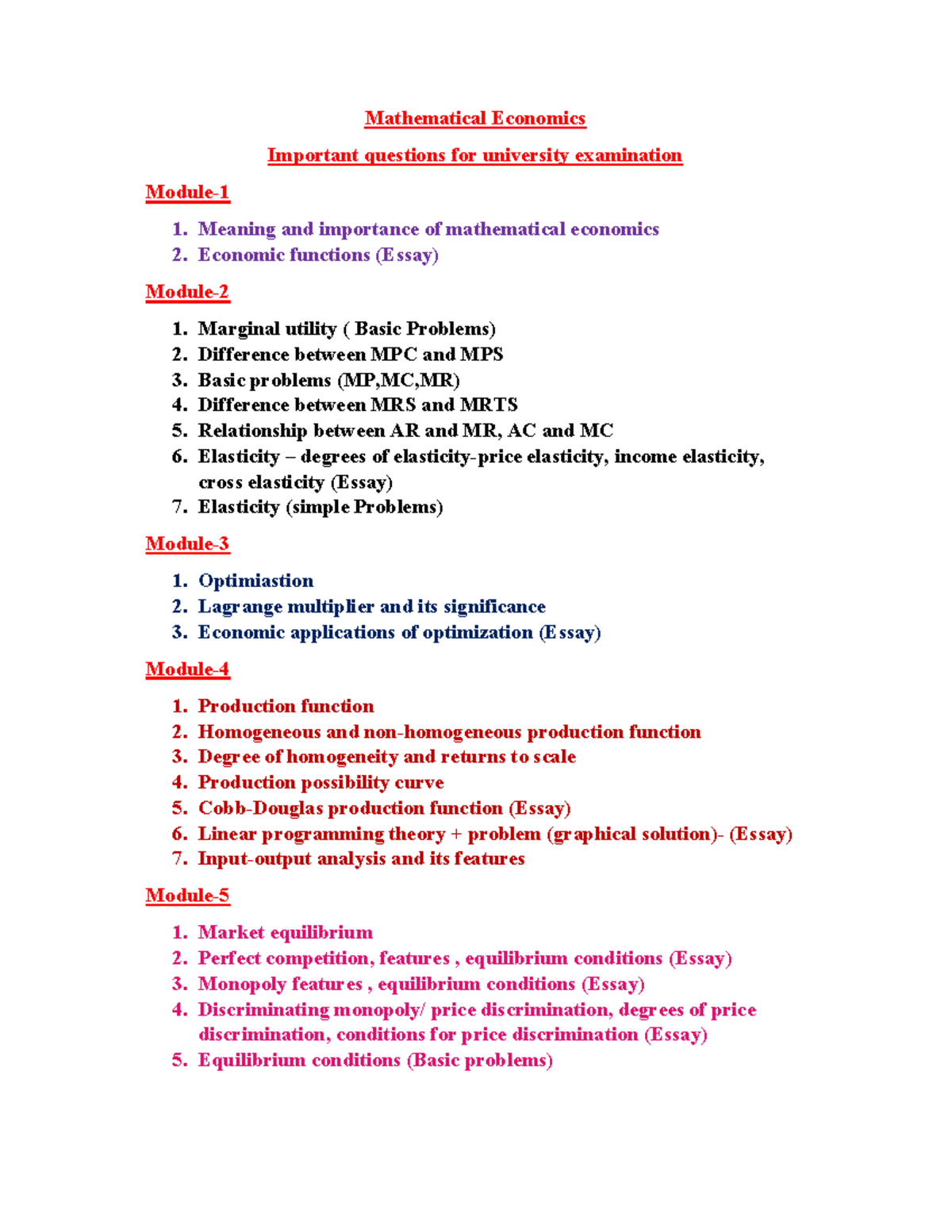 Mathematical Economics - Important Questions - Mathematical Economics ...