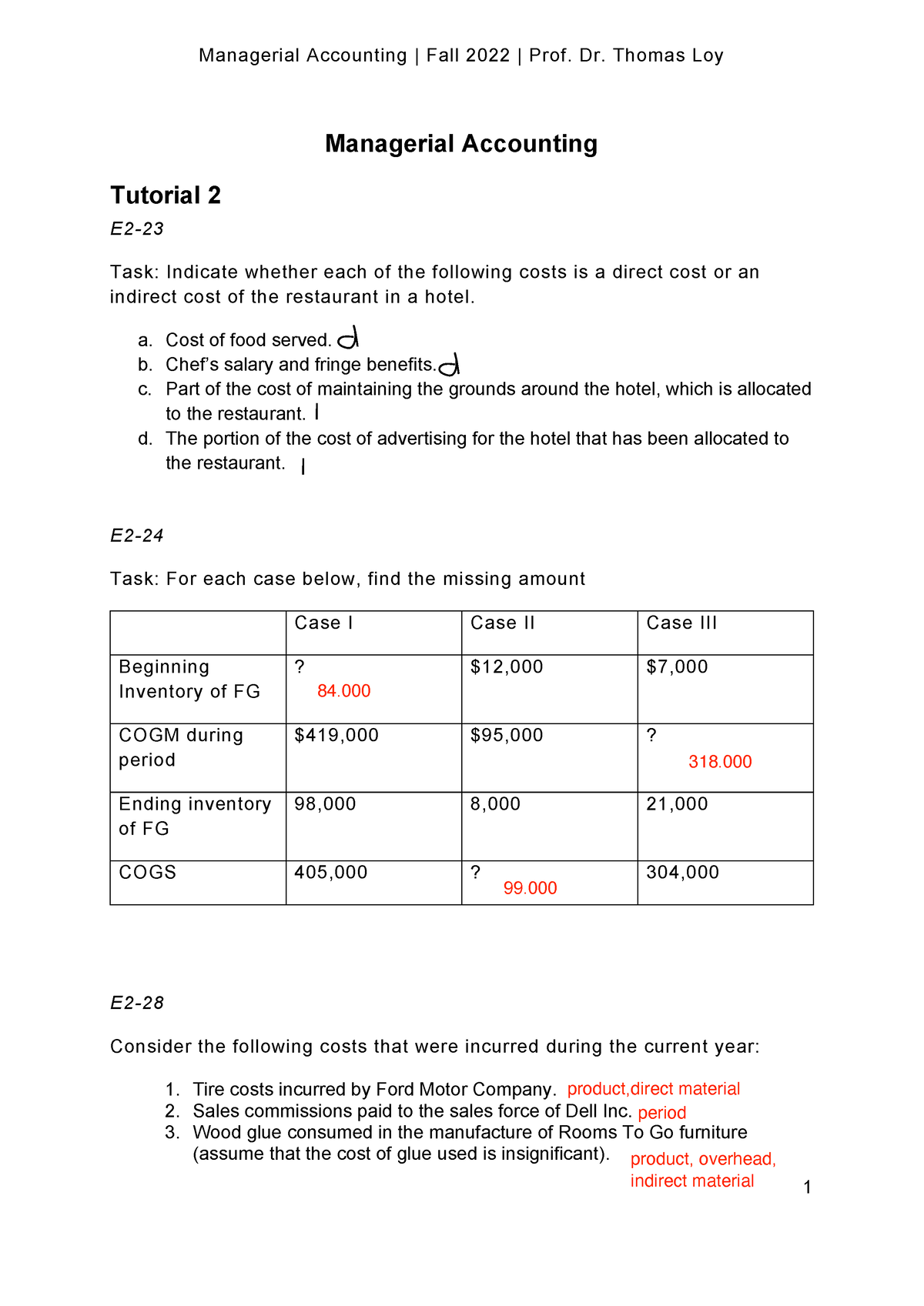 Tutorial 02 Managerial Accounting Managerial Accounting Fall 2022 Prof Dr Thomas Loy 9785