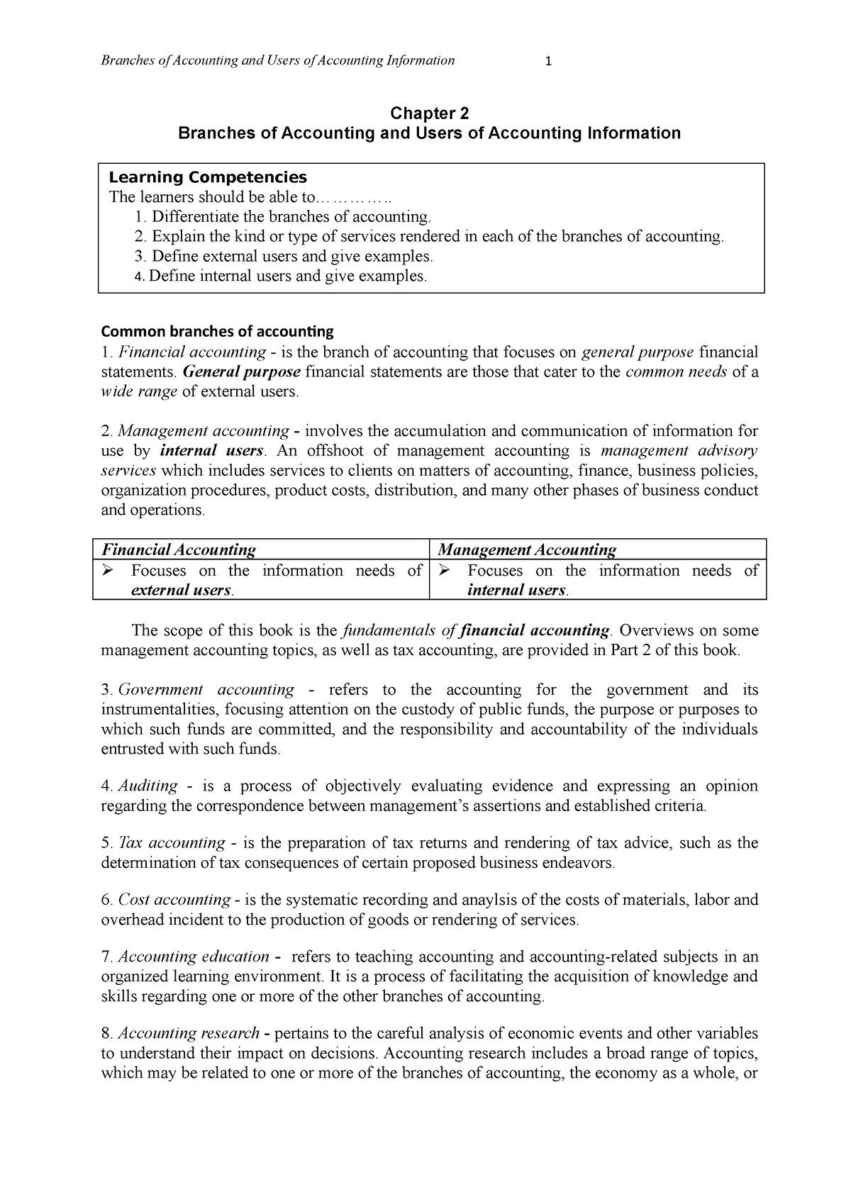 Chapter 2 Branches Of Accounting And Users Of Accounting Information ...