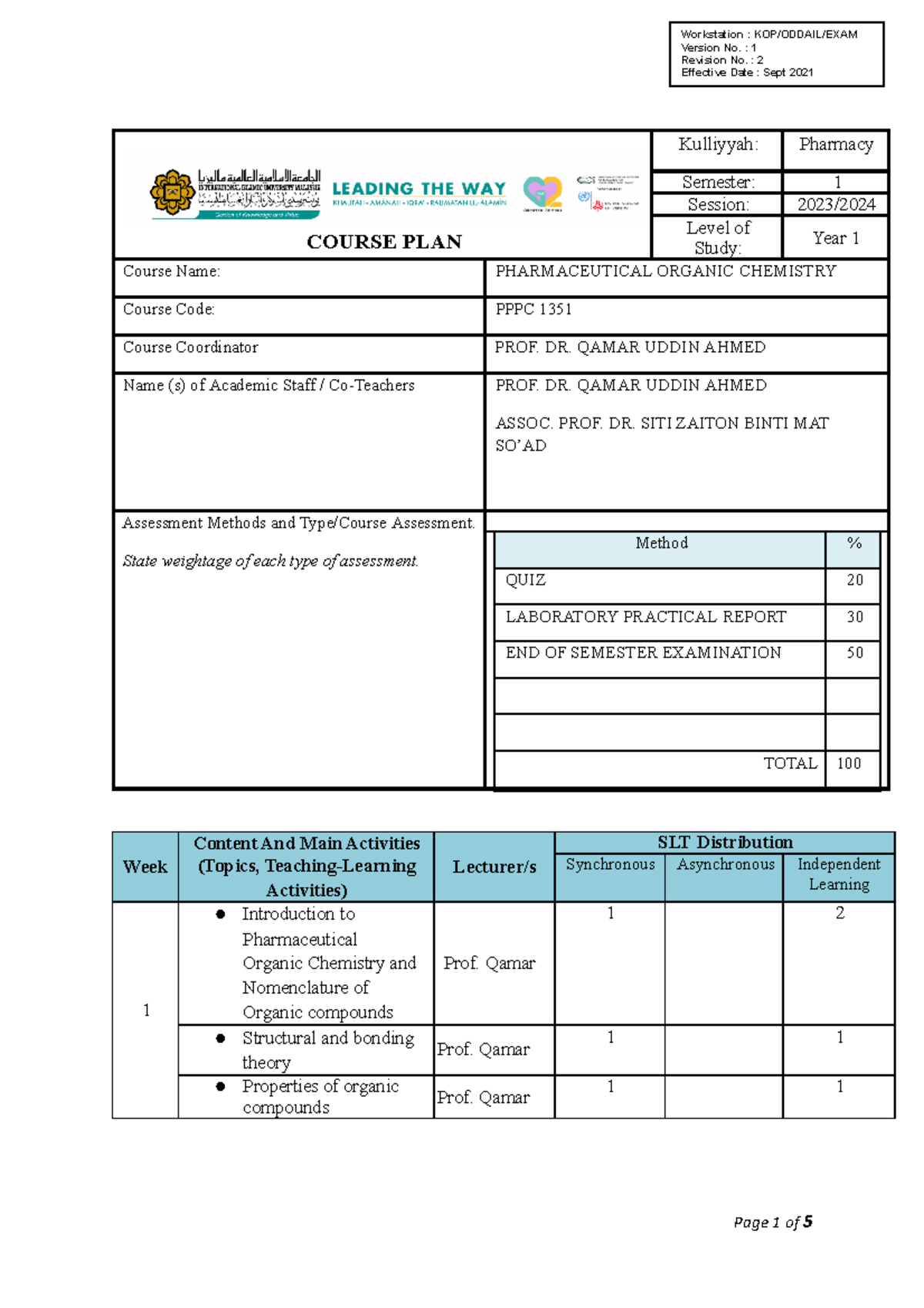 Course Plan Basic Philosophy - COURSE PLAN Kulliyyah: Pharmacy Semester ...
