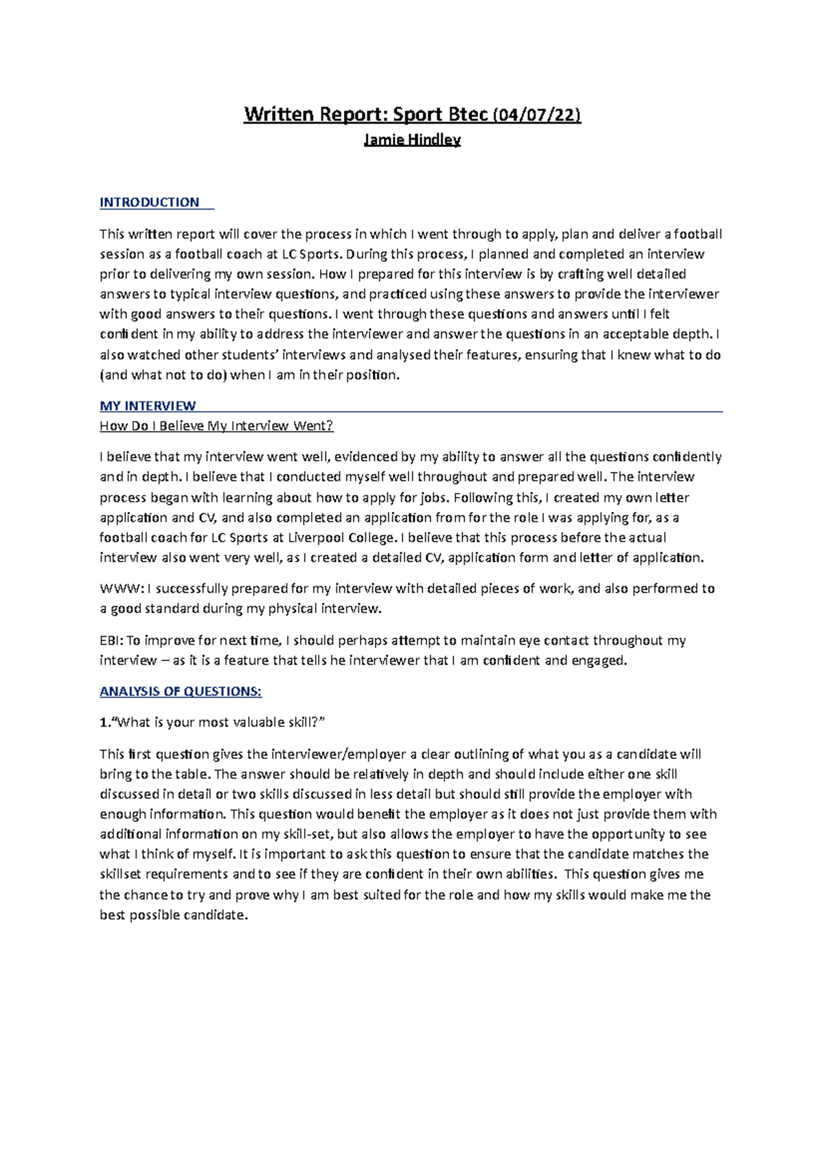 Written Report 2 complete - Written Report: Sport Btec (04/07/22) Jamie ...