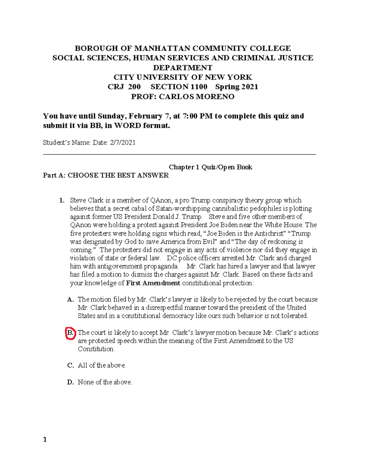 Quiz 1 February 7 Spring 2021, questions and answers - BOROUGH OF ...
