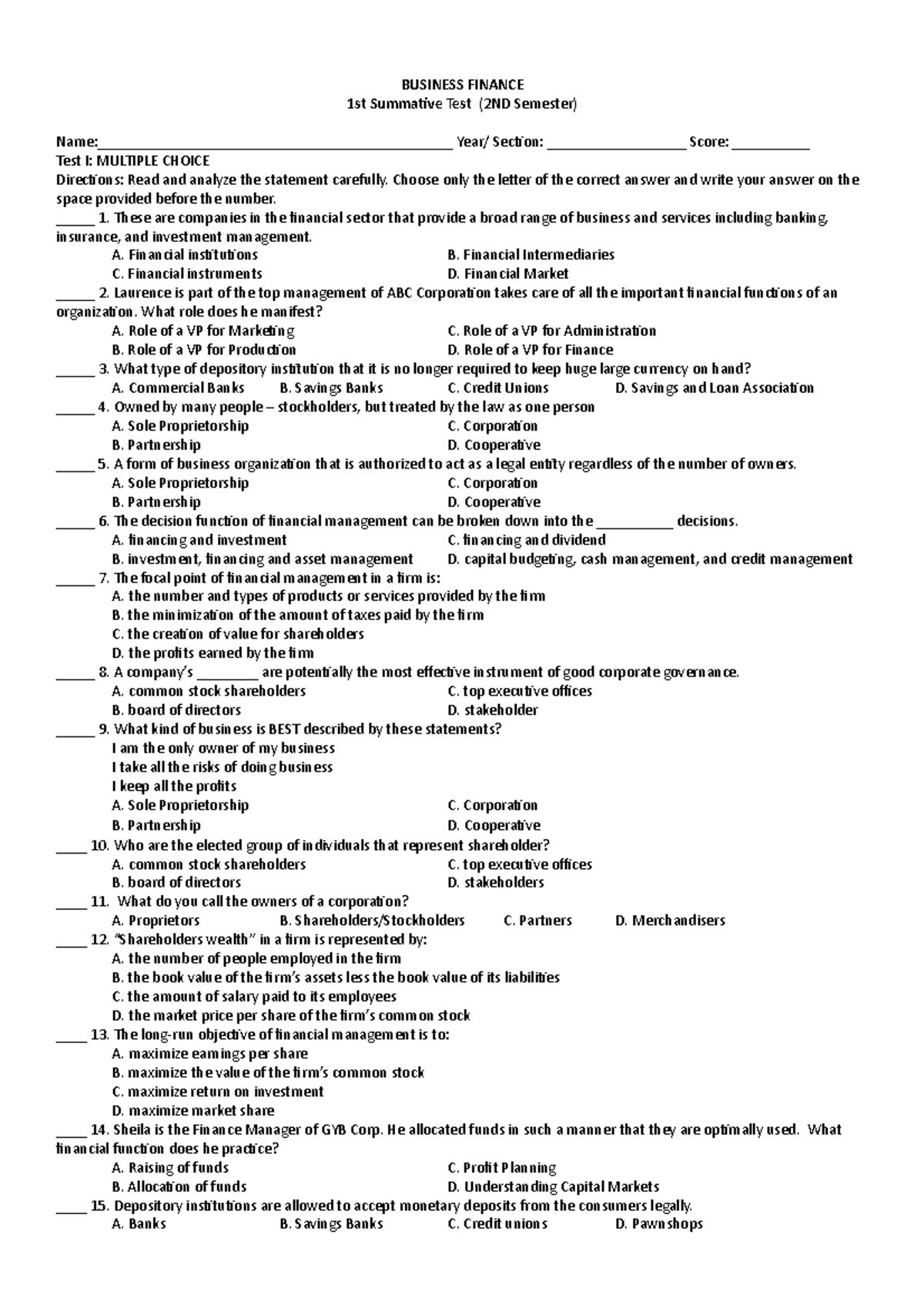 BF-Summative-1 - none - BUSINESS FINANCE 1st Summative Test (2ND ...