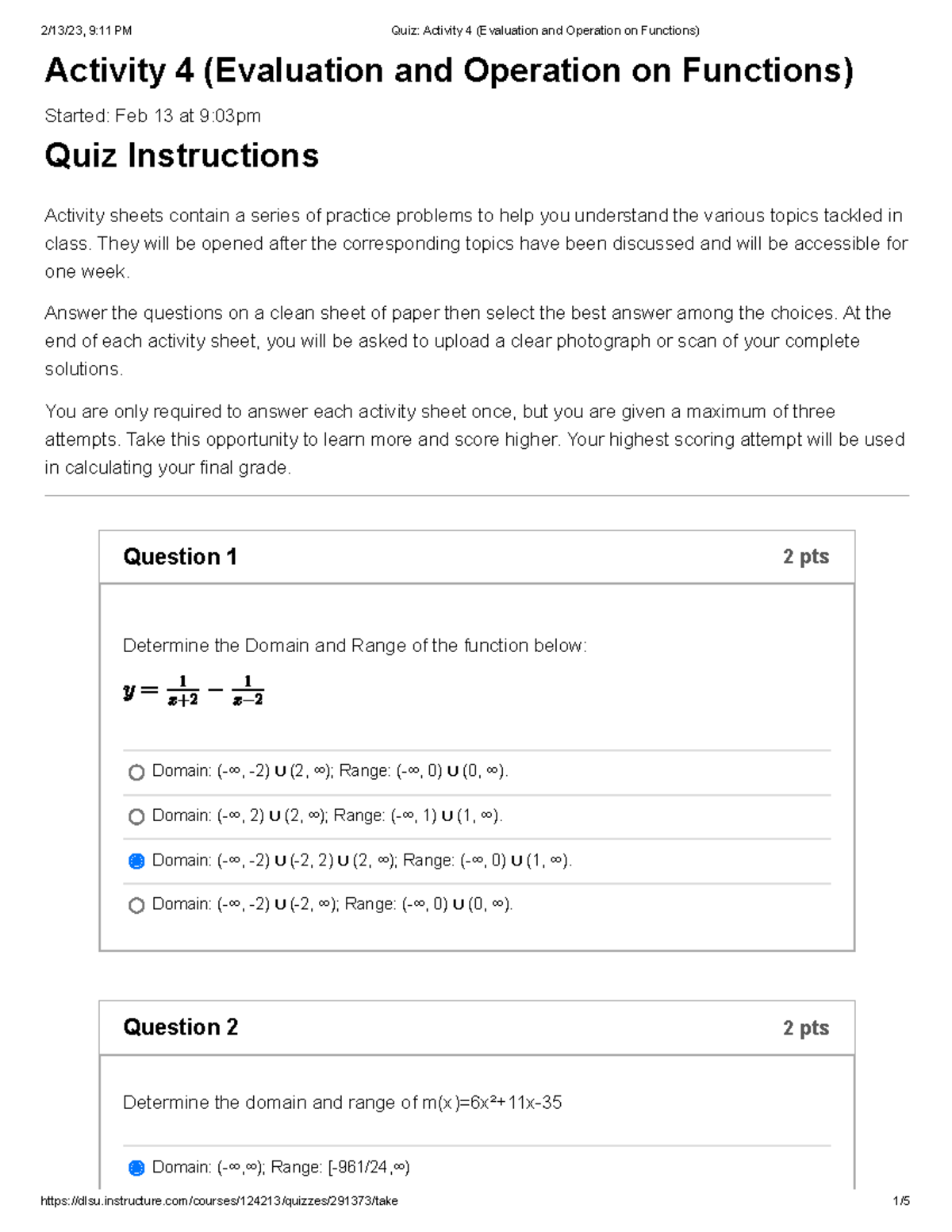 Quiz Activity 4 (Evaluation and Operation on Functions) - Activity 4 ...