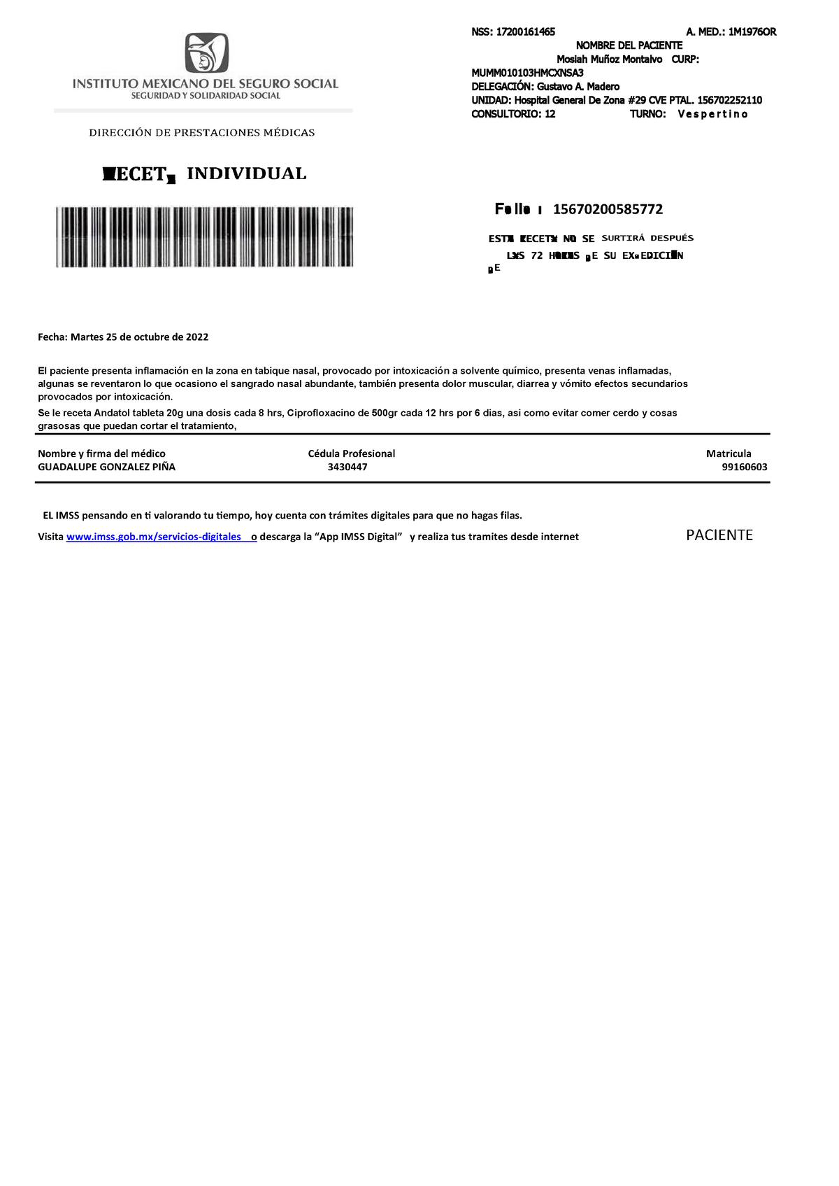 410986130 receta IMSS editable - Fecha: Martes 25 de octubre de 2022 NSS:  17200161465 A. MED.: 1 M1 - Studocu