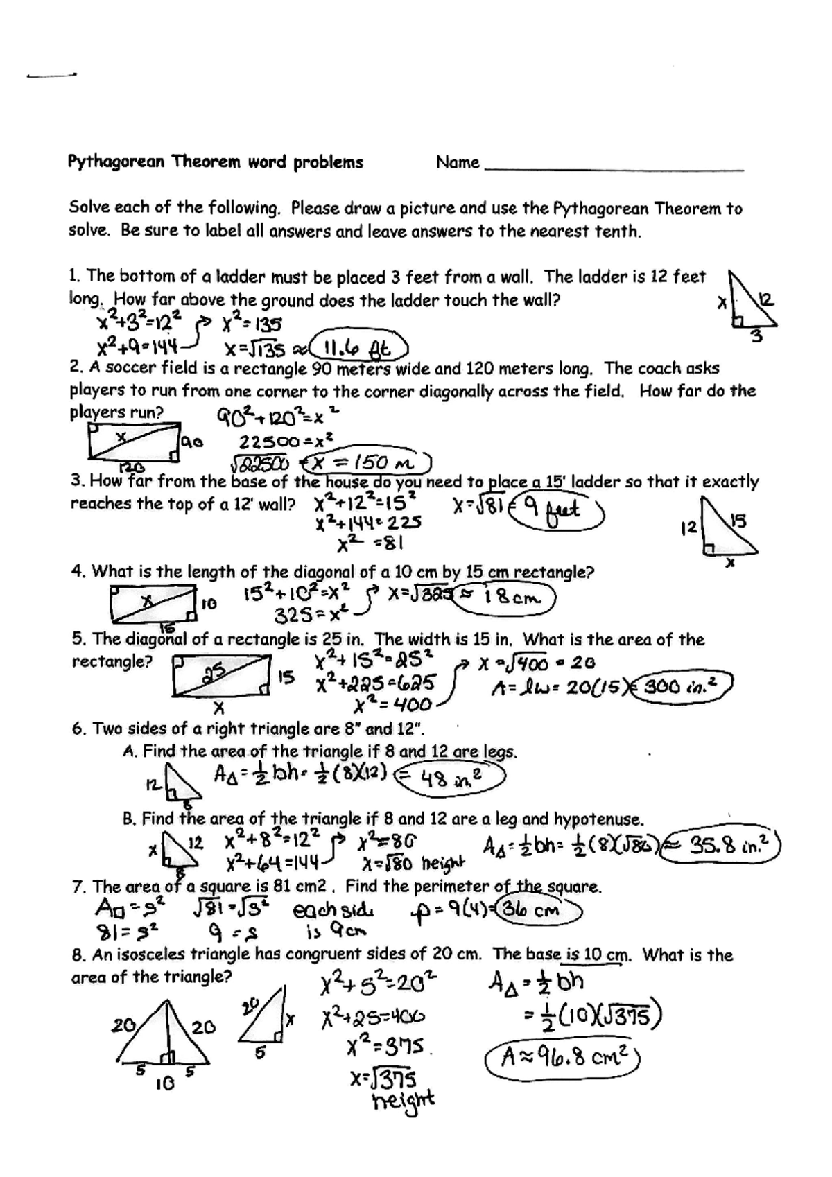 Pythagorean+Theorem+word+problems+KEY - Pythagorean Theorem word ...