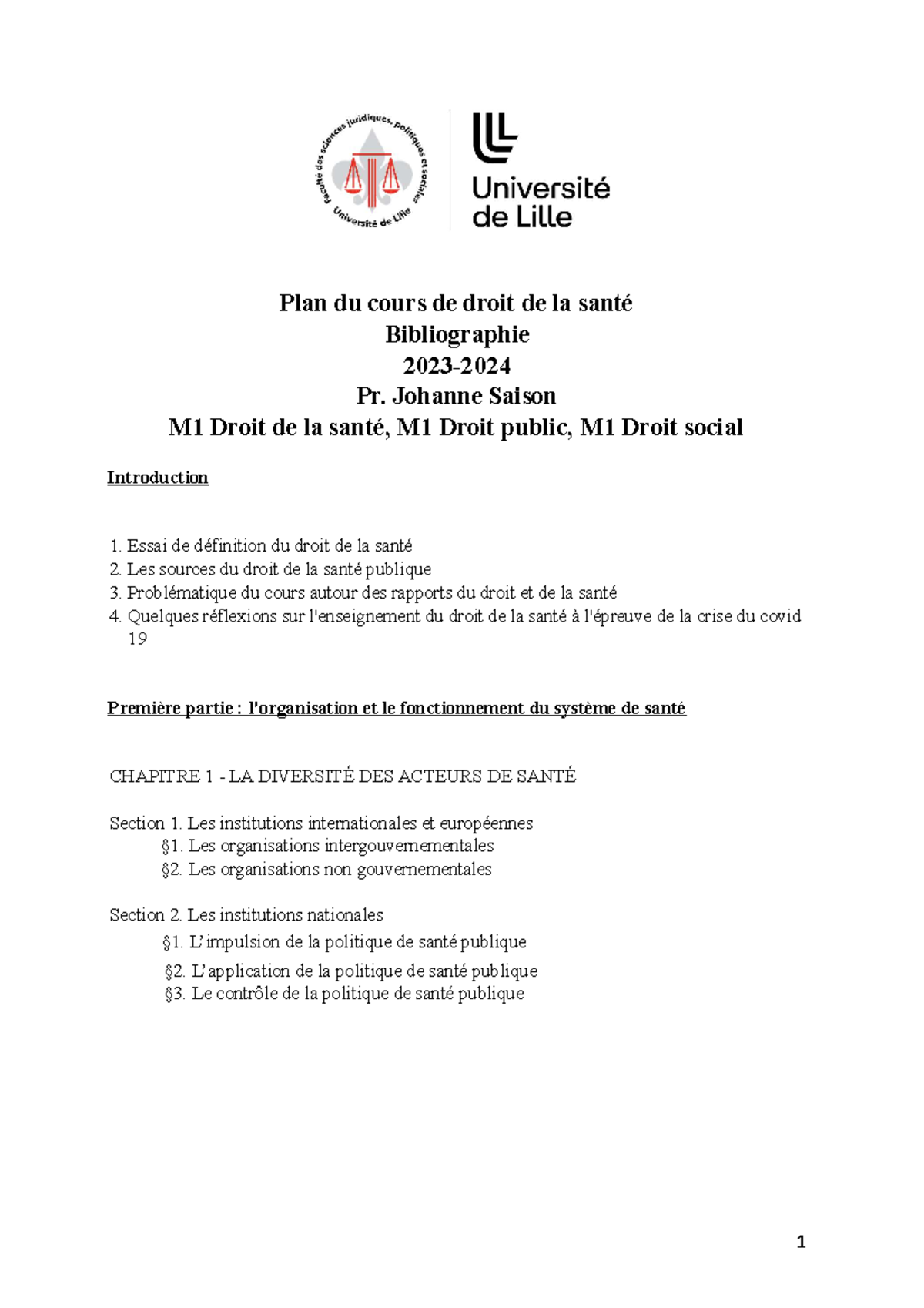 Plan du cours de droit de la sante 2023 2024 et bibliographie - Plan du ...