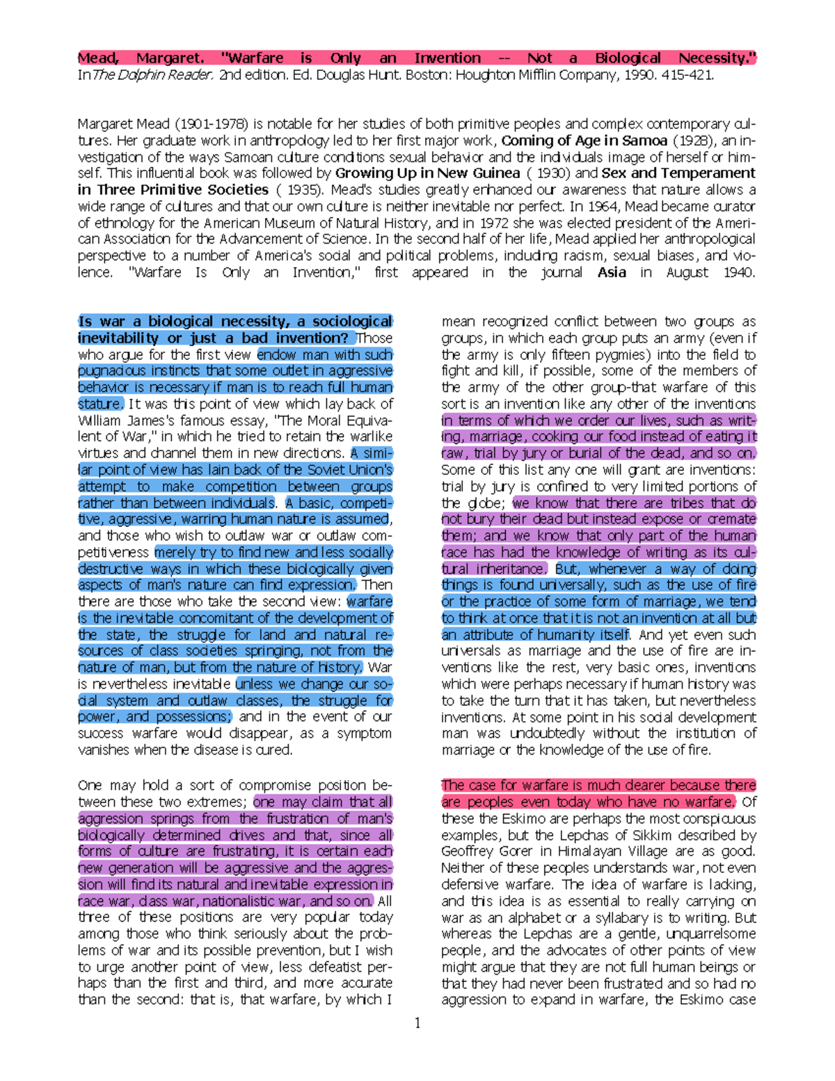 Meade Mead, Margaret. "Warfare is Only an Invention Not a