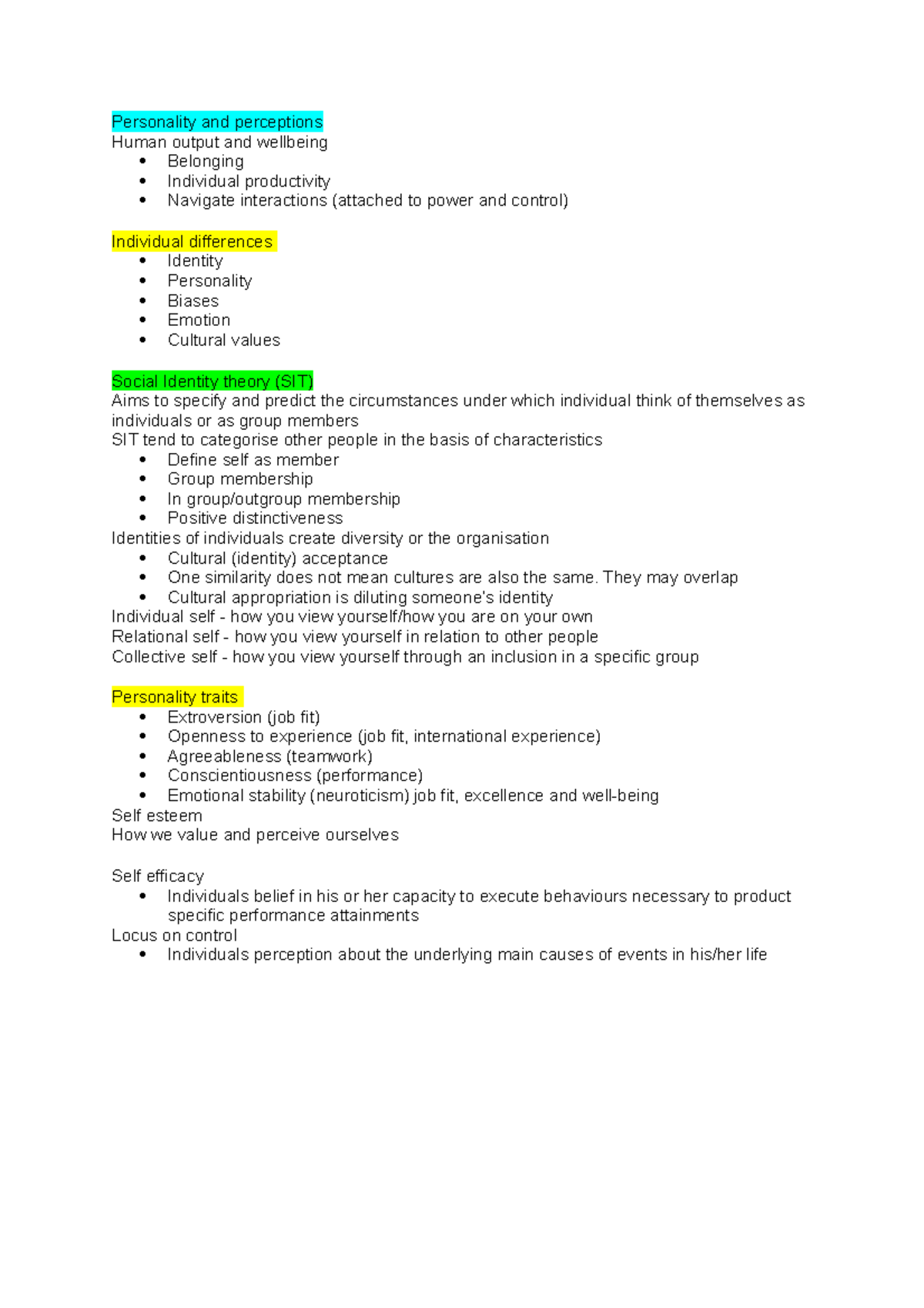 Exam prep - MANT250 notes - Personality and perceptions Human output ...