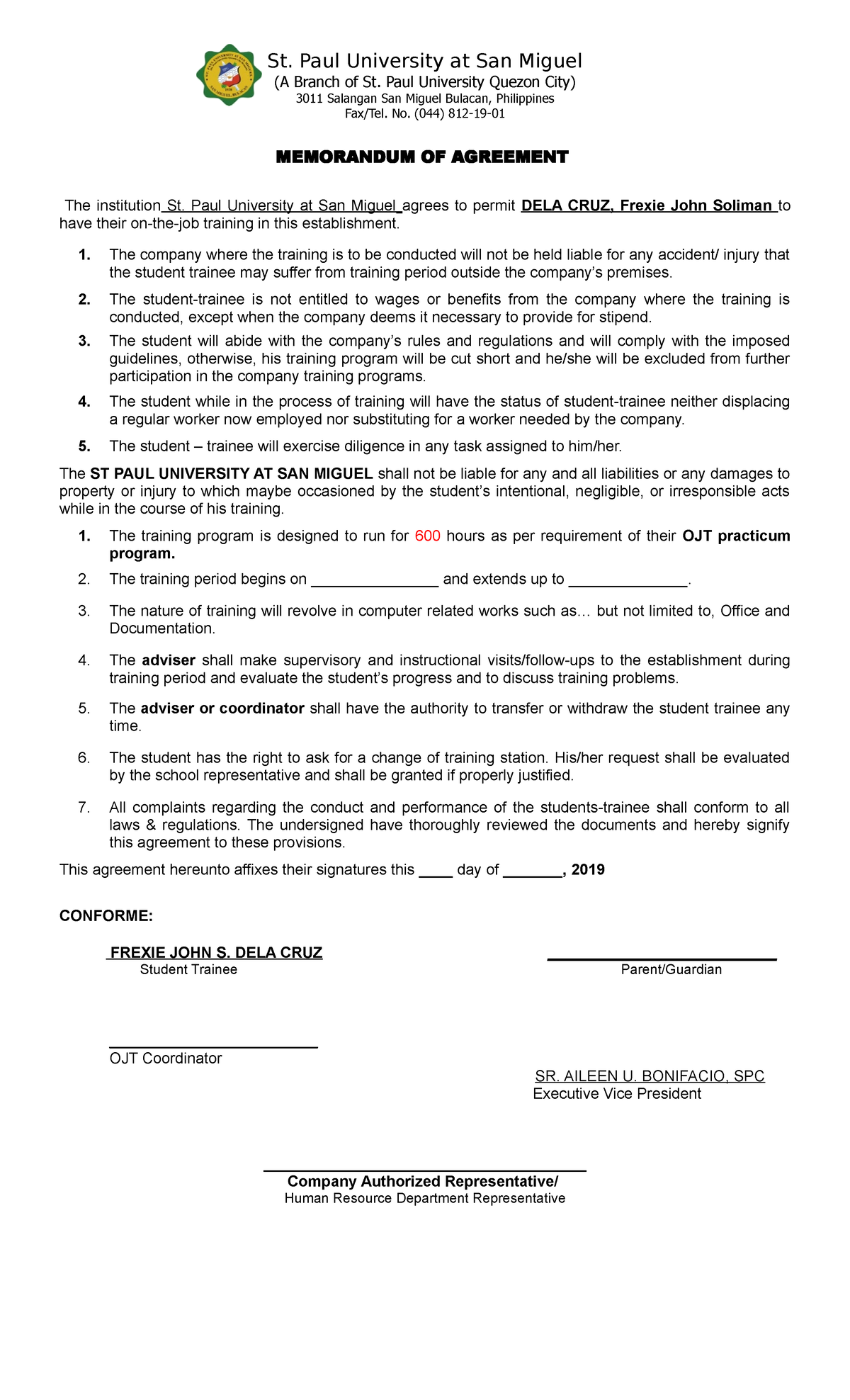 BSBA OJT Memorandum OF Agreement St. Paul University at San Miguel (A