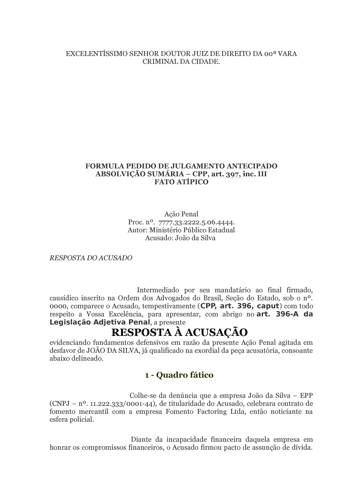 Modelo Resposta A Acusacao ExcelentÍssimo Senhor Doutor Juiz De Direito Da 00ª Vara Criminal 5484