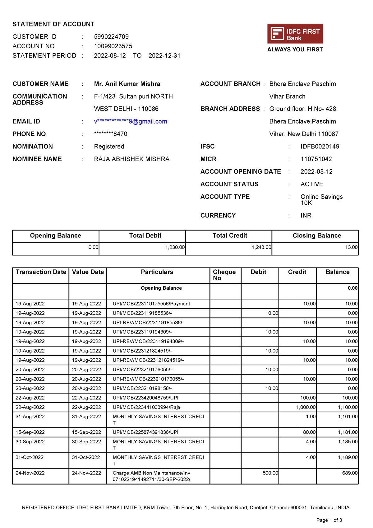 Idfcfirstbankstatement 10099023575 - STATEMENT OF ACCOUNT CUSTOMER ID ...