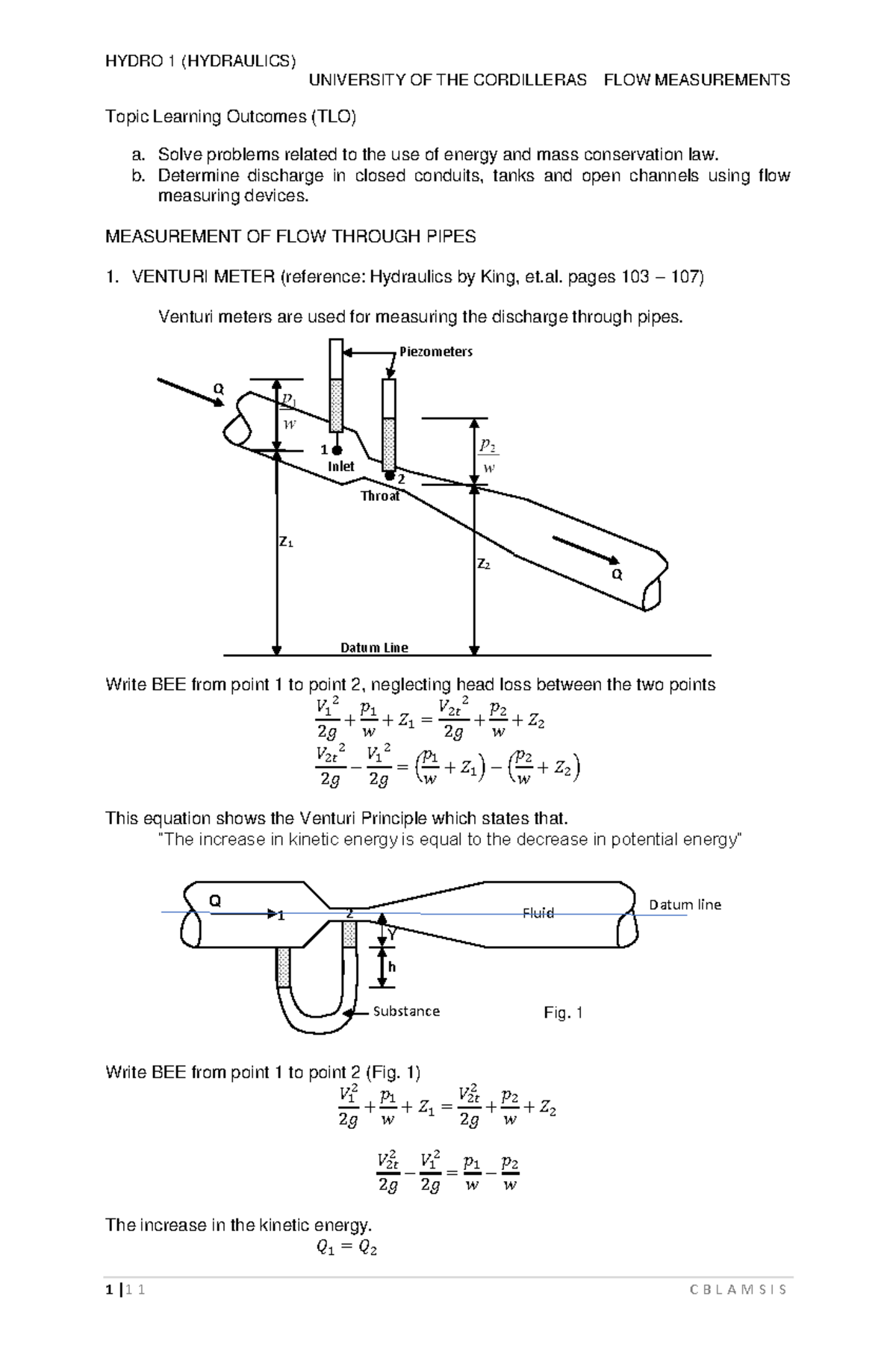 Hydro 1 - Fluid Flow Measuremnt - Venturi Meter and Nozzle - UNIVERSITY ...