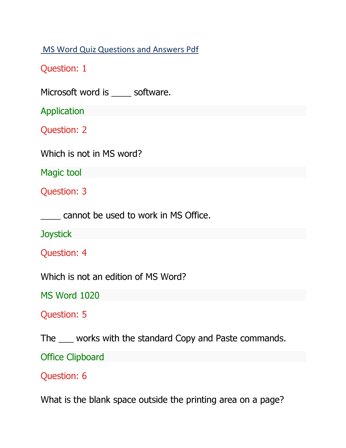 Ms Word Quiz Questions And Answers MS Word Quiz Questions And Answers 