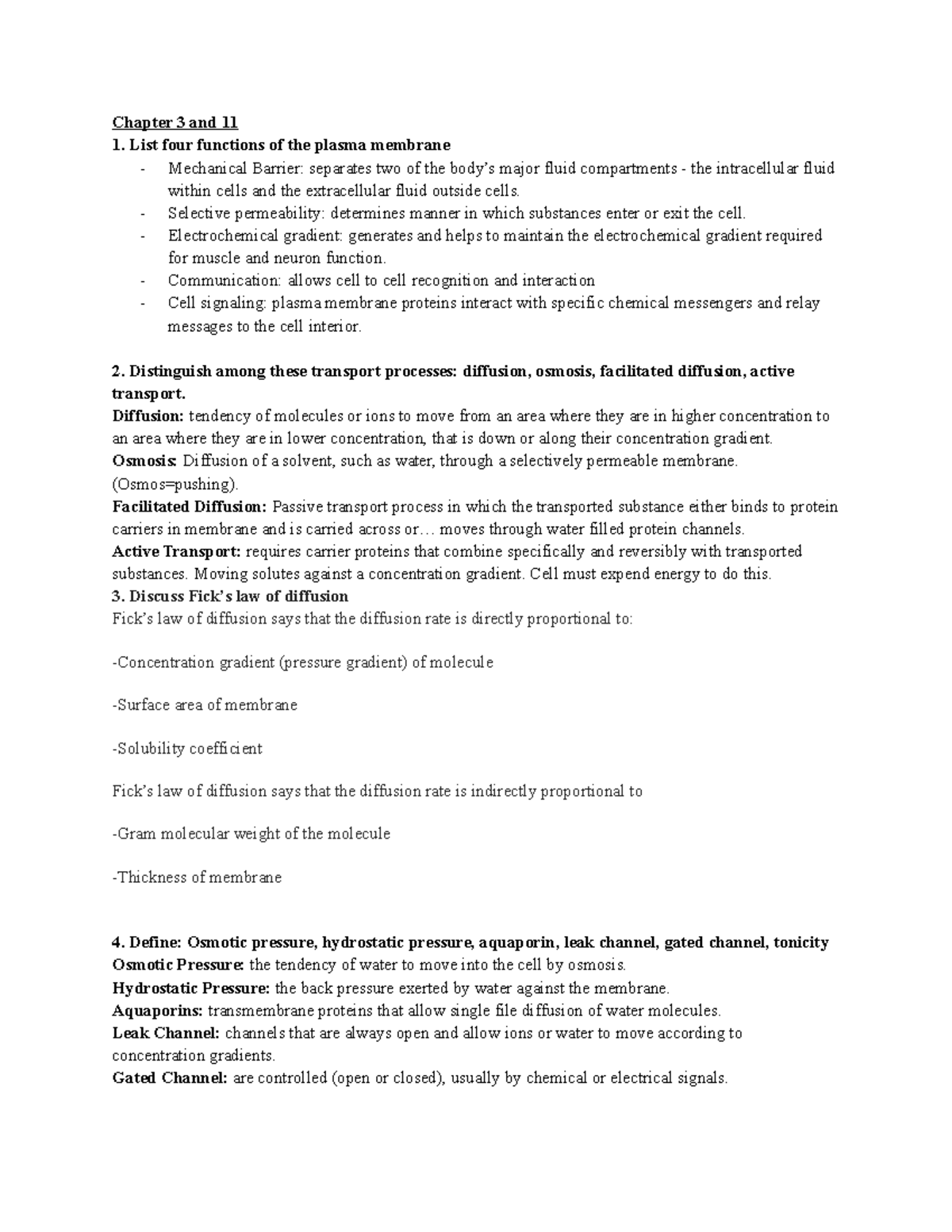 Exam 3 study guide - Chapter 3 and 11 List four functions of the plasma ...