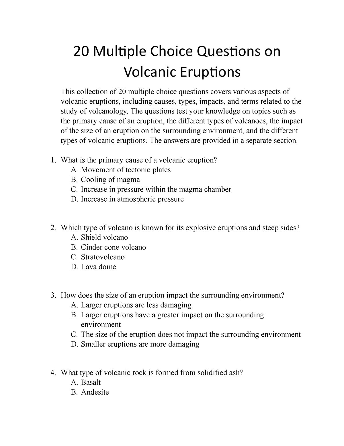 20 Multiple Choice Questions On Volcanic Eruptions - The Questions Test ...