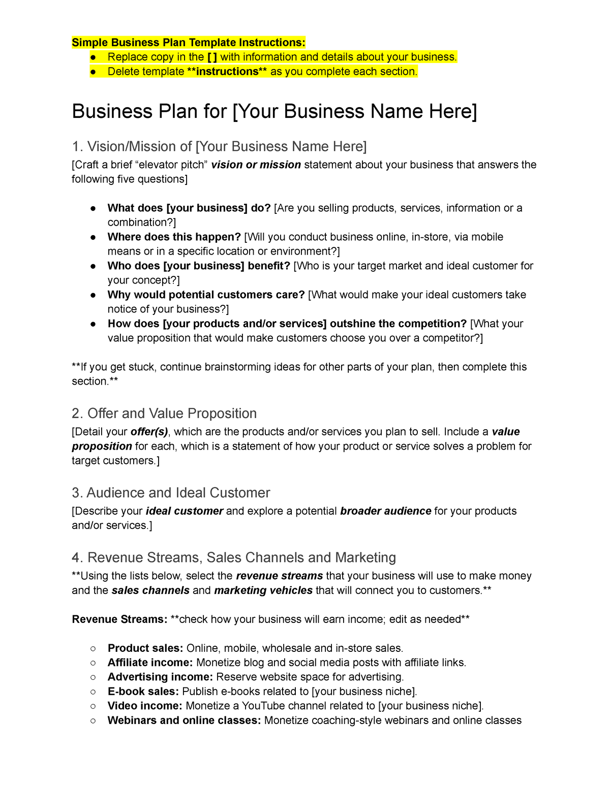 Download free template as - Simple Business Plan Template Instructions ...