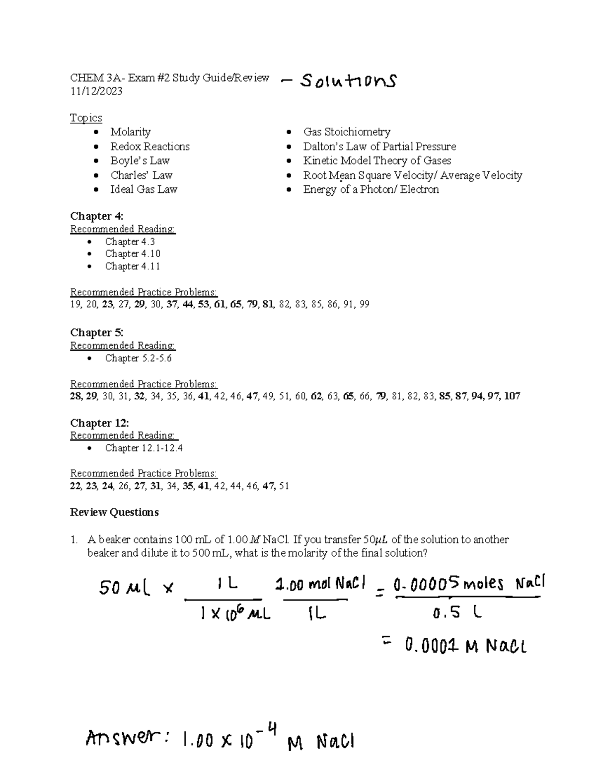 Solutions-Chem 3A Exam 2 Review Study Guide -1 - CHEM 3A- Exam #2 Study ...