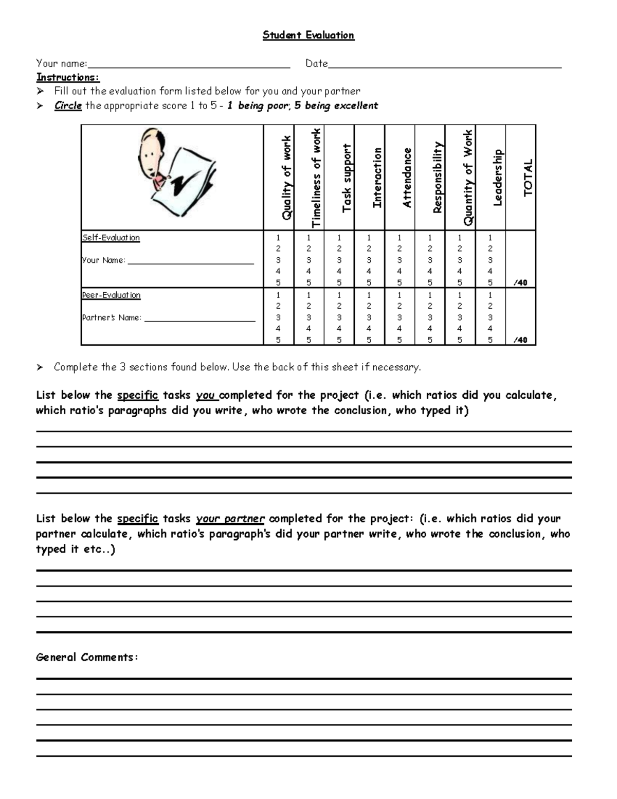 Partner Peer Evaluation Form - Student Evaluation Your name