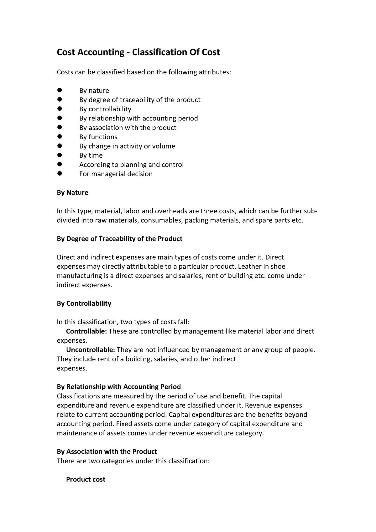 Cost Accounting - Classification - By Degree of Traceability of the