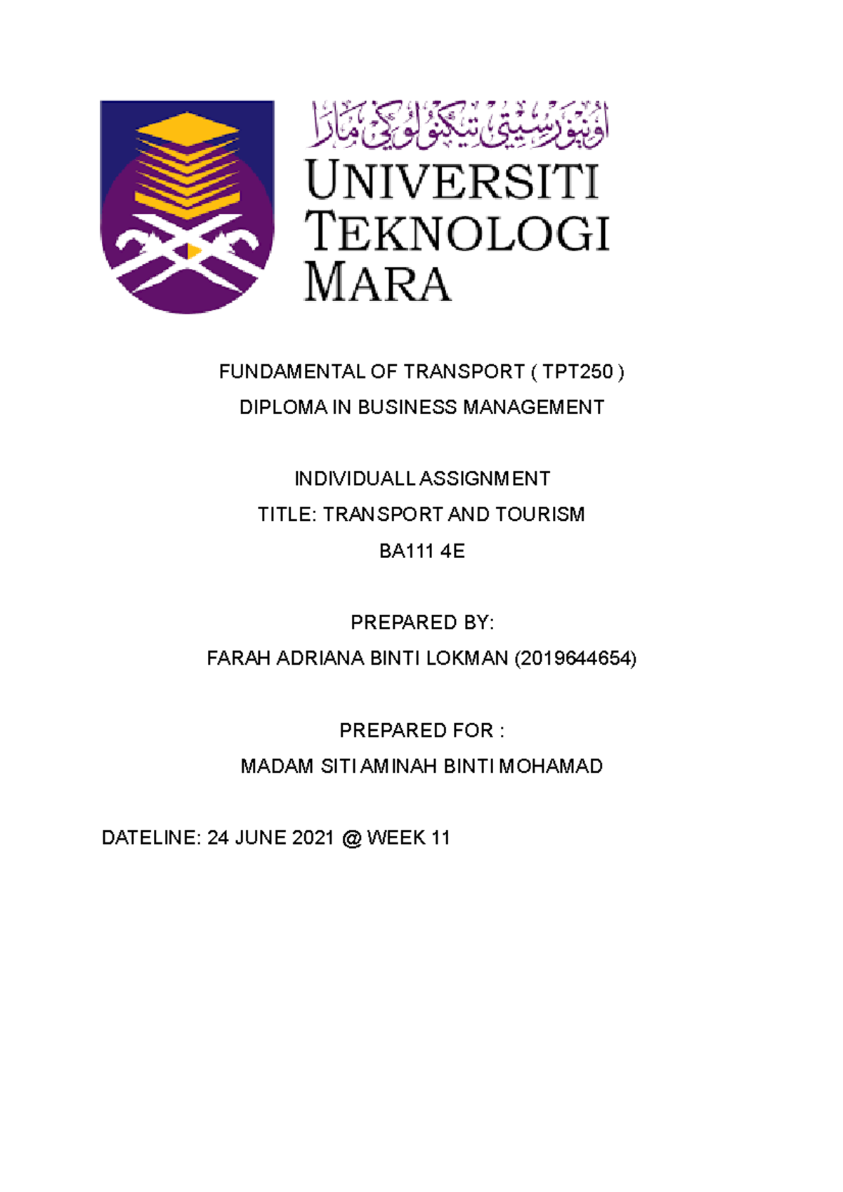 Fundamental OF Transport (Individual Assignment) - FUNDAMENTAL OF ...