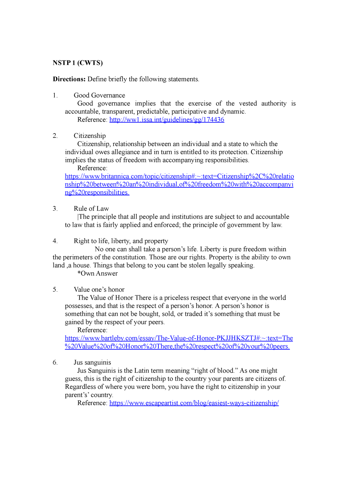 NSTP 1 CWTS - Tasks On NSTP 1 CWTS - NSTP 1 (CWTS) Directions: Define ...