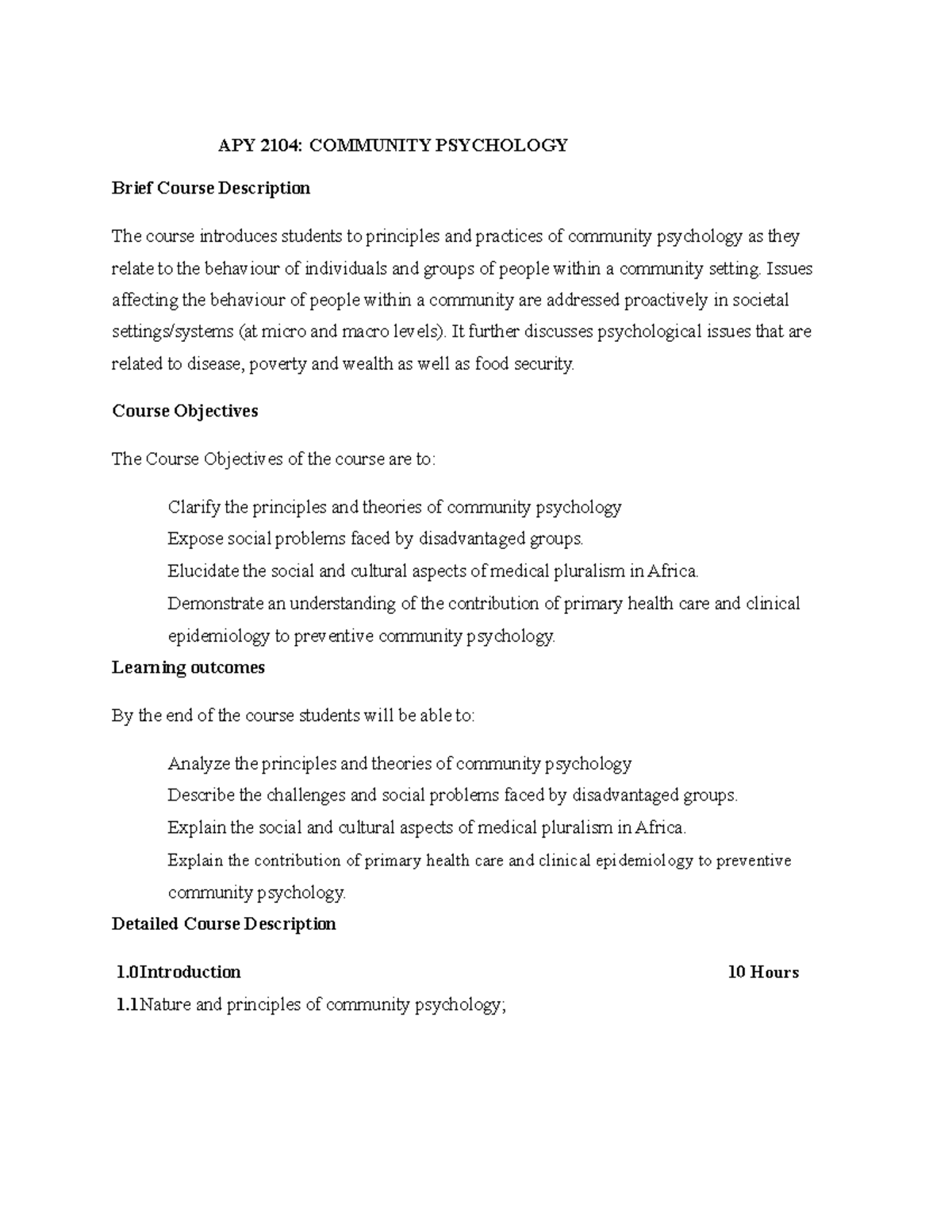 APY 2104 Community Psychology APY 2104 COMMUNITY PSYCHOLOGY Brief Course Description The