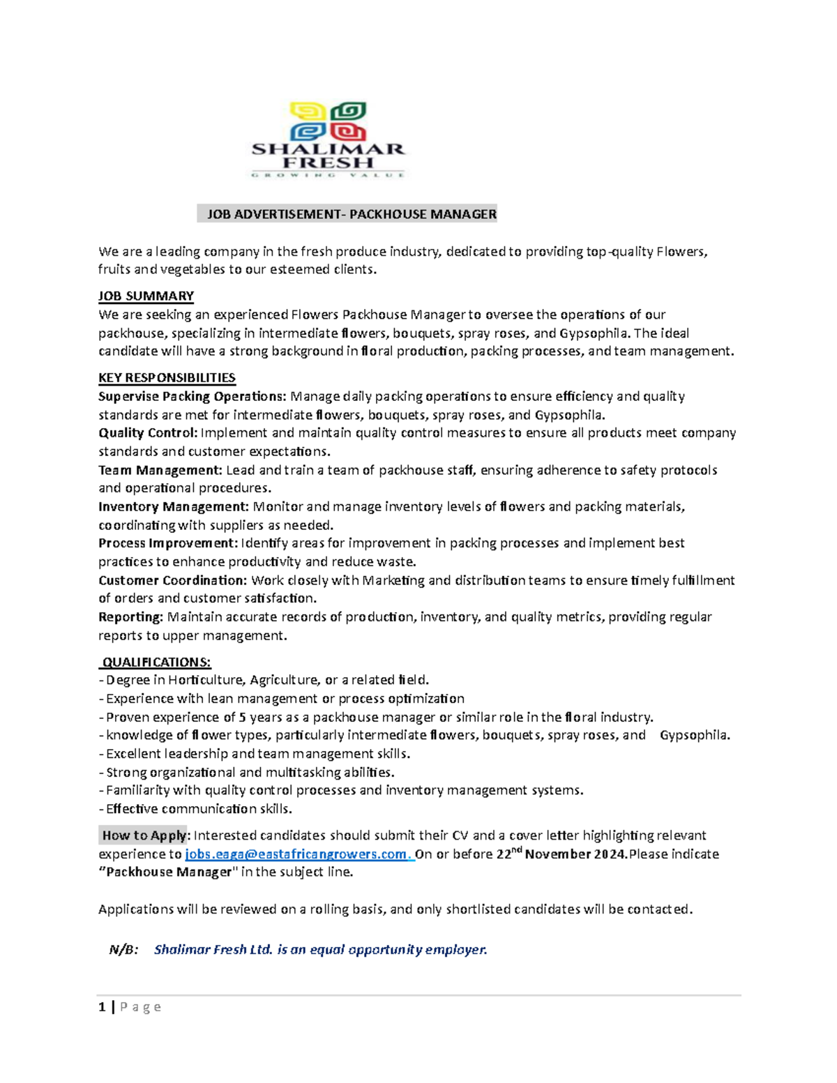 JOB Advertisement - Packhouse Manager - 1 | P a g e JOB ADVERTISEMENT ...