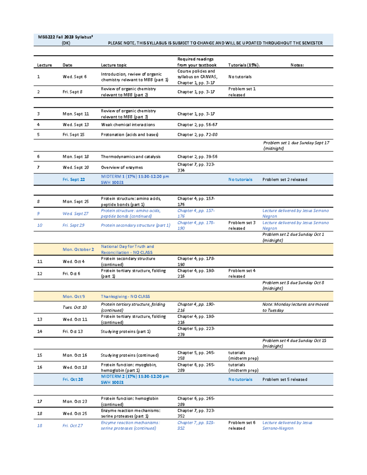 Course Sceduale - MBB222 Fall 2023 Syllabus* (DK) PLEASE NOTE, THIS ...