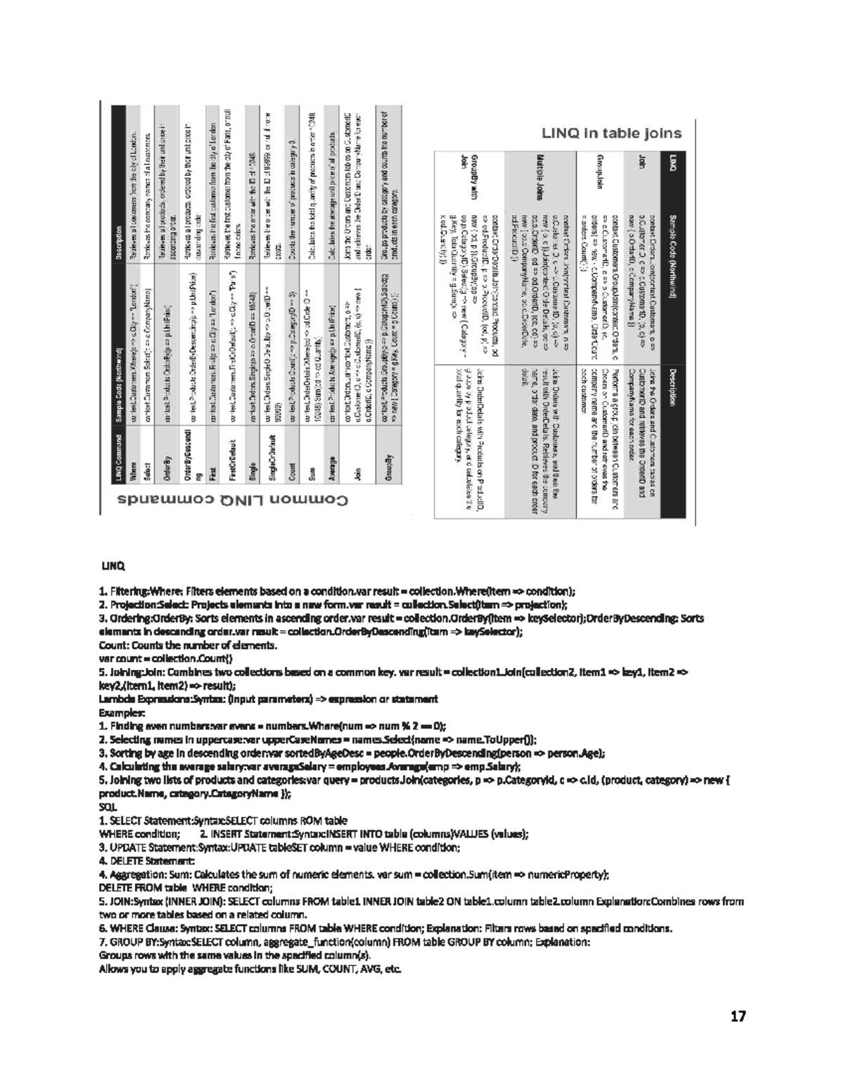 SICK TEST Cheat Sheet 2 - LINQ in table joins ONIT LINQ 2. 1. Filtering ...