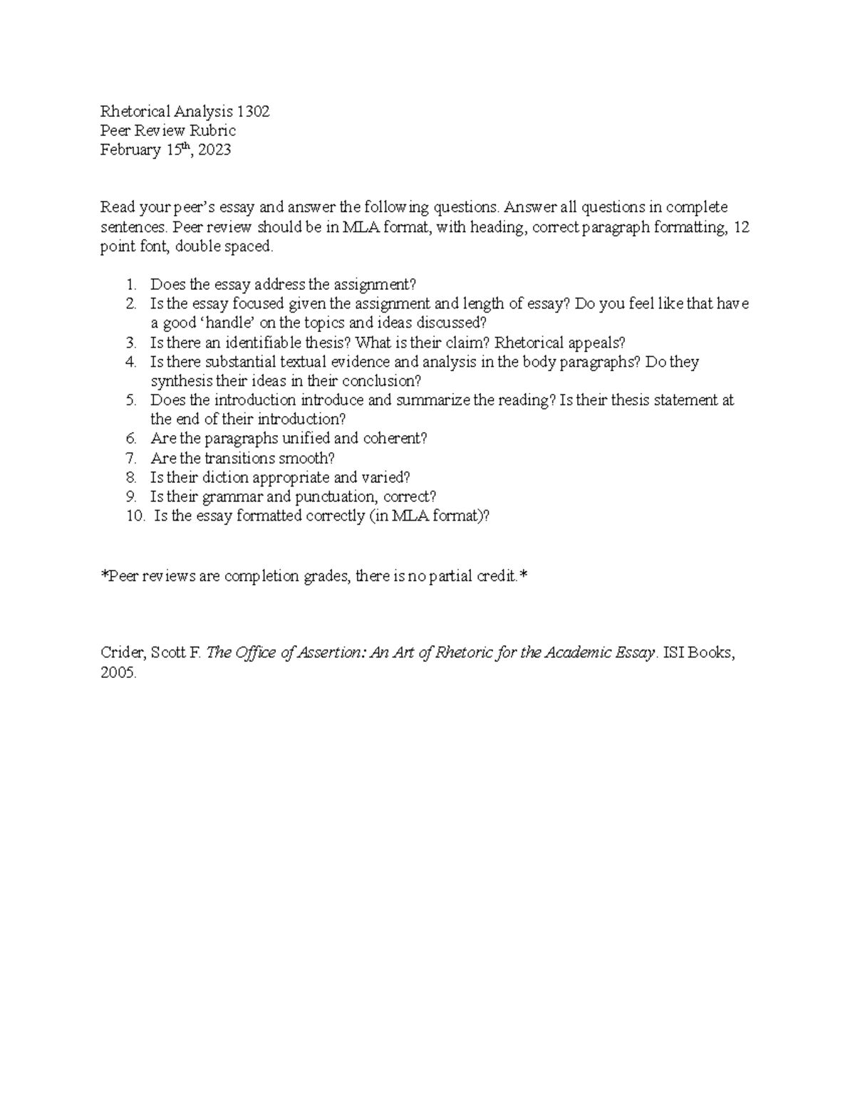 Peer Reveiw Rubric - RHET 1302: Rhetoric, Professor Hossana Alem ...