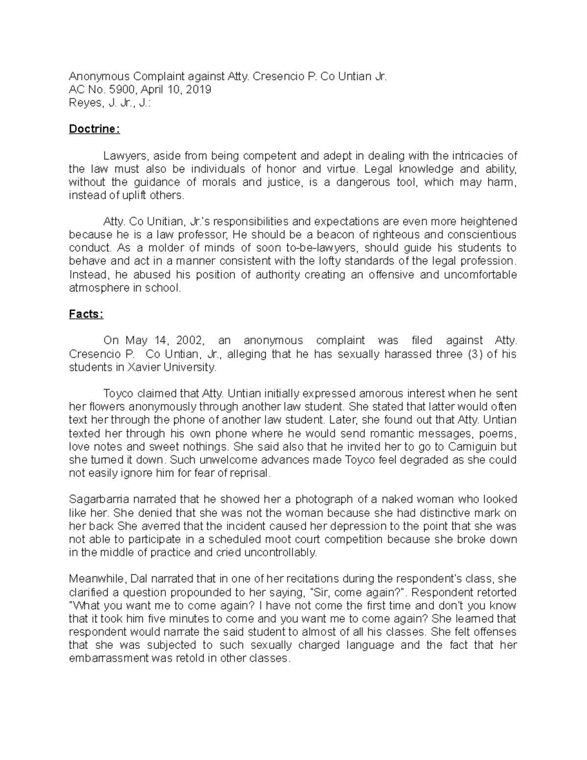 Anonymous Complaint against Atty. Co Untian Anonymous Complaint