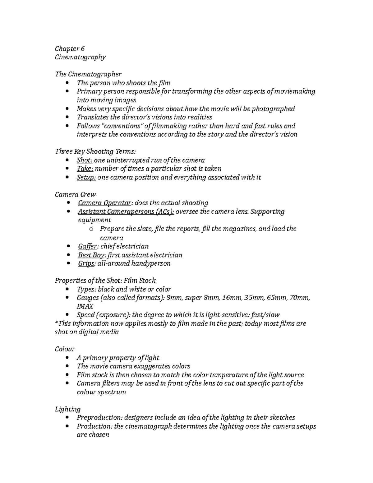 Chapter 6- Cinematography - Chapter 6 Cinematography The ...