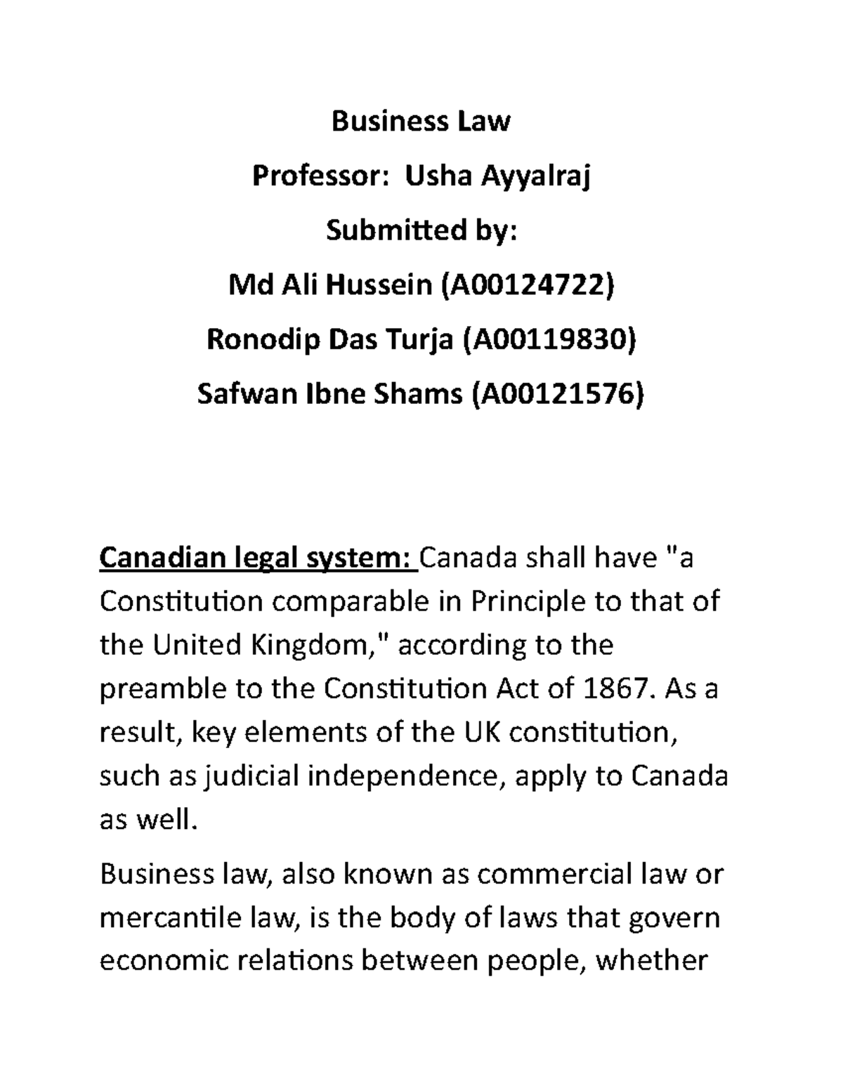 Business Law Assignment 1 Group Business Law Professor Usha Ayyalraj 