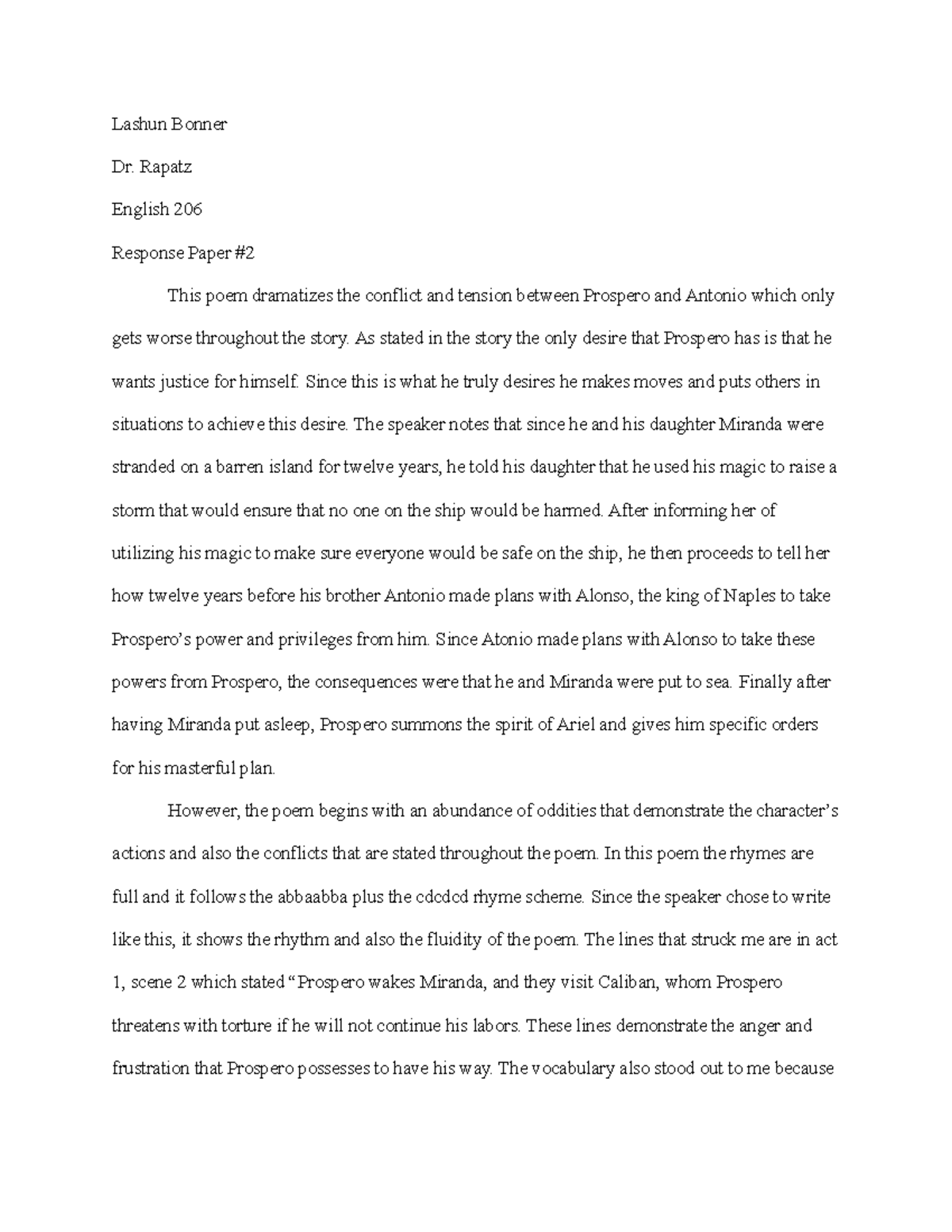 Response Paper 2 - essay - Lashun Bonner Dr. Rapatz English 206 ...