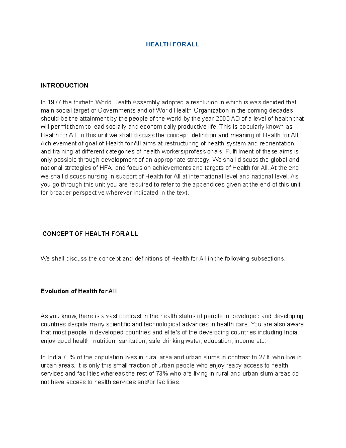 Primary Health Nursing Health FOR ALL HEALTH FOR ALL INTRODUCTION