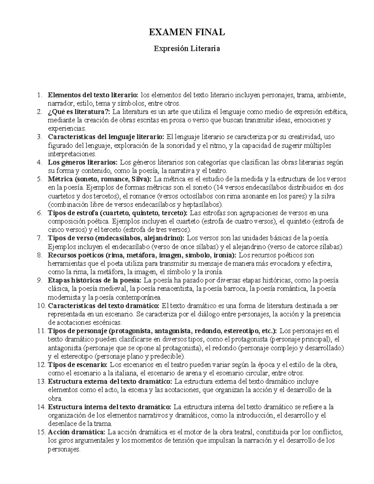 Examen Final - Eeer - EXAMEN FINAL Expresión Literaria Elementos del ...